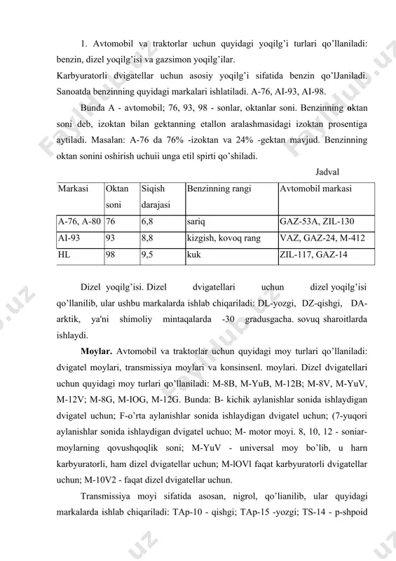 l moy bo’lib, u harn karbyuratorli, ham dizel dvigatellar uchun; m-lovl faqat karbyuratorli dvigatellar uchun; m-10v2 - faqat dizel dvigatellar uchun. transmissiya moyi sifatida asosan, nigrol, qo’lianilib, ular quyidagi markalarda ishlab chiqariladi: tap-10 - qishgi; tap-15 -yozgi; ts-14 - p-shpoid moyi; te-15-efo - mavsumiy moy tarkibida eyilishiga qarshi efo prisadkasi 5% dan oshiq bo’lmagan va depressorlik prisadkasi 1% gacha bo’lgan moy. konsinsent (plastik) moylar. splidol, konstaiin, vereten moylan bo’lib, ular mineral moylarga maxsus quyuqlashtiruvchi moddalami (10-25%) qo’shib tayyorlanadi. quyuqlashtiruvchi moddalar sifatida: parafin, sezrain va sovundan foydalanishadi. agar mineral moylarga kalsiy sovuivi qo’shilsa solidol (us-1, us--2) hosil bo’ladi. agar natriyli sovun qo’shilsa - konstalin (o’t-1, o’t-2) hosil ' bo’ladi. suyuqliklar. avtomobil va traktorlarda quyidagi suyuqlik. turlari qo’llaniladi: suvlar, antifrizlar, tormoz suyuqliklari hamda elektrolit.dvigatellarning sovutish sistemasida sovutuvchi suyuqlik sifatida suv va antifriz hamda tasol a-40 suyuqligi qo’llaniladi. suv, tarkibida biroz miqdorda kalsiy va magniy tuzlari bo’lgan toza suv bo’lishi kerak. suv yumshoq …