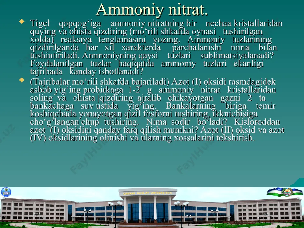 a quruq kaliy nitrat tuzidan soling. probirkani shtativga tik holda mahkamlang. tuzni suyuqlanguncha qizdiring, keyin unga bir bо‘lakcha kо‘mir tashlang. probirkani qizdirishni davom ettiring. kо‘mir yonishi bilaroq, probirkaga oltingugurtning kichik bо‘lakchasidan tashlang. quzatilgan xodisani yozing. suyultirilgan slitrada kо‘mir va oltingugurtning yonish reaksiyasi tenglamalarini yozing e’tiboringiz uchun rahmat!