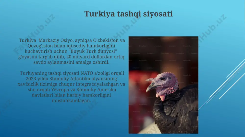 bilan 600 yildan ortiq davom etgan usmonli xonligi davri yakuniga yetdi va turkiya yangi siyosiy tuzumga, prezidentlik respublikasi shakliga o'tdi. seljuklar davri seljuklar davrida 1071-yilda malazgirt jangidan so'ng anadolu hududining katta qismi seljuklar nazoratiga o'tdi, bu esa turkmanlarning keng miqyosda ko'chib o'tishiga va mintaqaning demografik tuzilmasining o'zgarishiga sabab bo'ldi. seljuklar davrida qurilgan ko'plab masjidlar, madrasalar va karvonsaroylar, masalan, rey shahridagi masjidlar, o'zining me'morchiligi va bezaklari bilan ajralib turardi va keyingi davrlar me'morchiligi uchun namuna bo'ldi. turkiya tarixi turkistonning ma'lum hududlari bilan o'rta asrlarda yo'l orqali yuz bergan savdo-sotiq aloqalari usmonli imperiyasining iqtisodiy rivojlanishiga sezilarli hissa qo'shgan. xvi asrda usmonli imperiyasi hududiga 16 ta viloyat kiradi, ularning har biri o'ziga xos ma'muriy tizimga va iqtisodiy salohiyatiga ega edi. zamonaviy turkiya siyosati turkiya yevropa ittifoqiga a'zolik jarayonini 2005 yildan beri davom ettirib kelmoqda, ammo so'nggi yillardagi demokratiya va inson huquqlari bo'yicha tashvishlar tufayli ushbu jarayon sekinlashdi va 20 dan ortiq to'siqlar mavjud. …