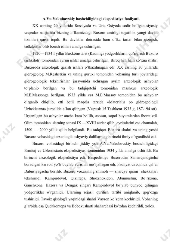 cha borilib. buxoro voxasining shimoli — sharqyy qismi chekkalari tekshirildi. kampirdevol, qiziltepa, shoxshoxidon, abumuslim, bo’rixona, ganchxona, hazora va dengak singari kampirdevol bo’ylab bunyod qilingan yodgorliklar o’rganildi. ularning rejasi, qurilish tartibi aniqlanib, qog’ozga tushirildi. tavoiz qishlog’i yaqinidagi shahri vayron ko’zdan kechirildi. vohaning g’arbida esa qudakontepa va boboxusharti shaharchasi ko’zdan kechirildi, xolos. a.yu.yakubovskiy ekspedistiyasi to’g’risidagi hisobotida kampirdevol bilan bog’lik muxim tarixiy muammolarga ham to’xtalgan. jumladan, vohadagi o’troq xalq bilan dasht va -cho’l mintaqasida ko’chmanchi chorvachilik bilan shug’ullanuvchi aholi o’rtasidagi munosabatlar masalasiga ham to’xtalgan edi. yakubovskiy tekshirgan bu yodgorliklar ancha yuzaki ko’zdan kechirib chiqish tartibida, biror arxeologik qazishlarsiz amalga oshirilgan. ekspedistiya ishidagi yutuqlardan biri hazora yaqinidagi arxeologik yodgorlik deggaron masjidini aniklab, «uni samoniy maqbarasidan yosh emas», degan xulosa bo’ldi. keyinroq turdi mirg’iyosov boshchiligidagi ekspedistiya bu joyda • arxeologik qazishlar o’tkazib, o’rta asr sopol buyumlari, o’tga chidamli sopoldan yasalgan idishlarni topishga muvaffaq bo’ldi. deggaron masjidi shu nomli qishloqda ix asrda otashparastlar tomonidan bunyod qilingan …