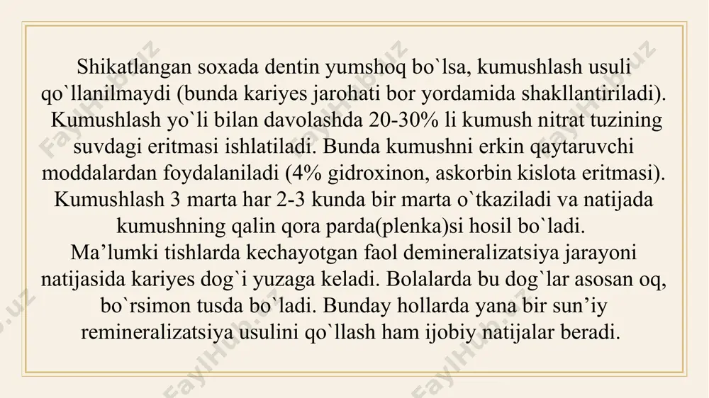 a yaqin sohalarida hosil qilinadi . bu xilda shakl berilgan kariyes kovaklarini fosfat sementi bilan berkitish lozim. rossiyada va yevropa mamlakatlarida ishlab chiqarilayotgan yangi, plombalash uchun ishlatiladigan shishaionomer sementlaridan foydalanish ham yaxshi natijalar bermoqda. u asoratsiz bo`lib, tish emali bilan kimyoviy birikish xususiyatiga egadir. iii sinf guruxiga kiruvchi, unchalik chuqur bo`lmagan kariyes kovaklarini berkitishda juda qo`l keladi. sut tishlarini plombalashda, shuningdek yana bir yangi hosil qilingan laktodont sementi ham qulaydir. qattiqlikda u belodont sementidan qolishmaydi. yuqorida aytilgan plombalash materiallari (ashyolari) tish pulpasiga nisbatan zararsiz bo`lganligi uchun ularni taglik (taglik - himoya qavati) siz ishlatish ancha qulaylik tug`diradi va kam vaqt talab qiladi. kompozit materiallar (evikrol, polikarboksilat va b.) qo`llanilganda charxlangan kariyes kovagi juda ham ehtiyotlab 37% li ortofosfat kislotasi yordamida kaltsiysizlantiriladi. buning uchun 10-20 soniya mobaynida kariyes kovagi devorlari shu suyuqlik yordamida yengil namlanadi, shundan so`ng 20 sekund mobaynida suv bilan yuviladi. kompozit materiallar faqat taglik ustidan qo`yiladi. iv sinf …
