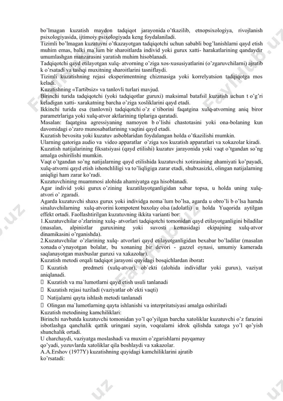 an muomalasi mumkin emas-ku, degan savol tug`iladi. psixologik tekshirishning tasnifiy metodlarini tushuntirishda boshqacha yondashuvlar bor, lekin psixologik tekshirish empirik metod va psixologik metodlar orasida umuman, amalda “teng” belgisi qo’yiladi, ularning o’ziga xos jihatlarini aniqlash qiyinlashadi. psixologiyada boshqa fanlar analogiyasi bilan uchta metodlar tasnifini ko’rsatish maqsadga muvofiqdir: 1. empirik, tekshirish sub`ekti va ob`ektining tashqi real munosabatlari amalga oshiriladi; 2. nazariy, sub`ekt ob`ektning hayotiy modeli bilan o’zaro munosabatda bo’ladi; 3. sharhlash va tasvirlash, bunda sub`ekt «tashqaridan» ob`ektning simvolik – belgisi bilan munosabatda bo’ladi. birinchi guruh metodlarini ishlatishning natijasi ma`lumotlar hisoblanadi, ob`ekt sharoitini asboblar yordamida o’rganadi. nazariy metodlardan foydalanish natijasi tabiiy til belgisi yoki ochiq sxematik shakldagi predmet haqidagi bilim hisoblanadi. nihoyat, qayta ishlash – tushuntirish metodi – bu nazariy va eksperimental metodlarni qo’llashda, ularni o’zaro munosabati natijalarining “uchrashish joyi”dir. psixologik tekshirishning nazariy metodlarini sanab o’tamiz: 1) deduktiv – umumiydan xususiyga o’tish. natijasi – nazariya, qonun va boshqalar. 2) induktiv – omillarni umumlashtirish, …