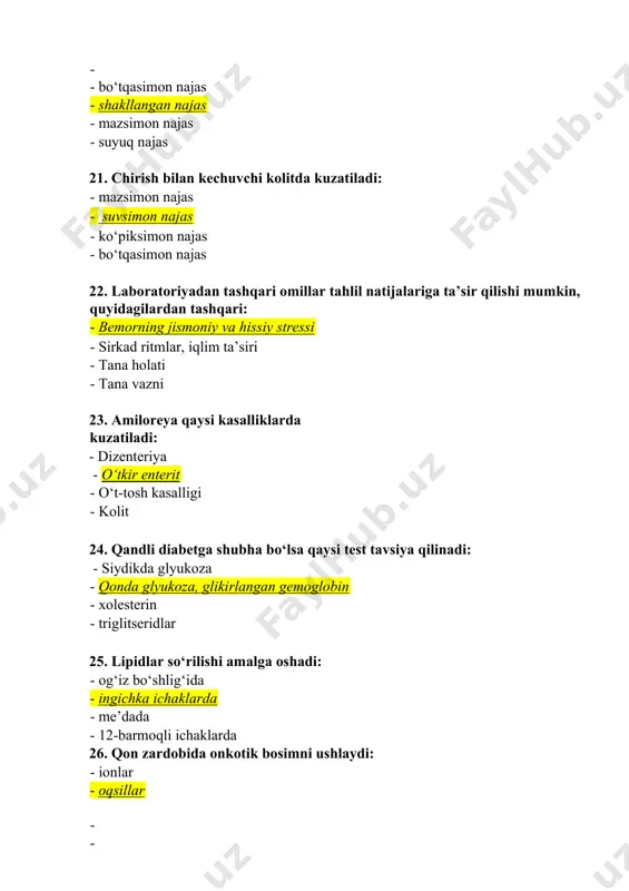 piteliy bilan qoplangan: · ko‘p qatorli hilpillovchi epiteliy · silindrik epiteliy · o‘tuvchi epiteliy · ko‘p qavatli yassi muguzlanuvchi epiteliy 41. tahlil natijalariga ichki laboratoriya xususiyatining quyidagi omillari ta’sir qilishi mumkin: - namuna saqlash sharoitlari · pipetkada ishlash omili, ishlatilgan usul prinsipi · gemoliz, lipemiya · yuqorida aytilganlarning hammasi 42. ot zardobidan tayyorlangan nazorat materiali quyidagi hollarda foydalanish mumkin: - qo‘shimchalari mavjud bo‘lsa · 60 daqiqa ichida eriydi · 0,2 birlikdan kam loyqalanishga ega. ekstinksiya (kyuveta 0,3 sm; to‘lqin uzunligi 630 - 690 nm) · sariq rangda va yaltiroqlikka ega 43. surtmalarda kuzatilayotgan o‘zgarishlarning artefakt ekanligini bildiruvchi sitologik belgi: · yadro giperxromiyasi yeki gipoxromiyasi · - hamma hujayralardagi bir xil o‘zgarishlar · sitoplazma bazofiliyasi · sitoplazma vakuolizatsiyasi 44. aterogen effektga ega: - zichligi yuqori lipoproteidlar zichligi past lipoproteidlar fosfolipidlar polito‘yingan kislotalar 45. koagulologik tadqiqotlar sifatini nazorat qilishda qo‘llanilmaydi: - ko‘p sonli donorlarning aralashgan yangi plazmasi (kamida 20 kishi), kalibrlash uchun …