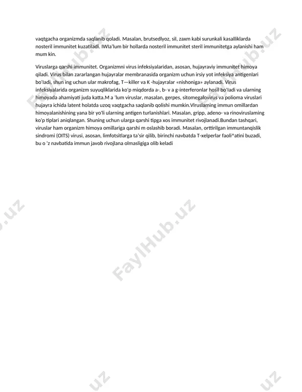 un javob, asosan, toksinlarga, keyin mikroblarga qaratilgan bo'ladi.organizmda mikroorganizmlarga qarshi himoyaning asosiy mexanizmi fagositoz hisoblanadi. maxsus antitelo va limfokinlarning opsonik ta’siri natijasida fagositoz kuchayadi. bunda antitelolar faol markazlari bilan epitopni(antigen determinantasi) biriktirsa, fc-qismi bilan fagositoz qiluvchi hujayra membranasidagi retseptorlarga birikadi. bunda hosil b o 'lg a n immun kom pleks(antigen-antitelo) kom plem ent sistemani faol lashtirishi hisobiga bakteriyalarning immun lizisi amalga oshadi. huj a y ra ichida ko'payuvchi bakteriyalarga n isbatan (brutsella, men ingokokk, gonokokk va mikobakteriyalar) hujayraviy immunitet rivojlanadi.s il mikobakteriyalari, brutsella, salmonella va boshqa fakultativ hujayra ichi parazitlari fagositoz qiluvchi hujayralarda tirik saqlanib qoladi (tugallanmagan fagositoz). ularni faqat sustkor giperta’sirchanlik reaksiya�laridii yuzaga keladigan immun yallig'lanish o'choqlarida limfokinlar ta’si�rida faollashgan makrofaglar o'ldira olishi mumkin.o d am shilliq qavatlaridagi bakteriyalarga qarshi himoyani sekretor a im m unoglobulinlar ta’minlaydi. bu antitelolar bakteriyalarning yuza qism ida joylashgan antigenlar bilan birikib, m ikroblarning epiteliy hujayralariga yopishishiga yo'l qo'ym aydi.в akteriyalarga qarshi immunitet steril …