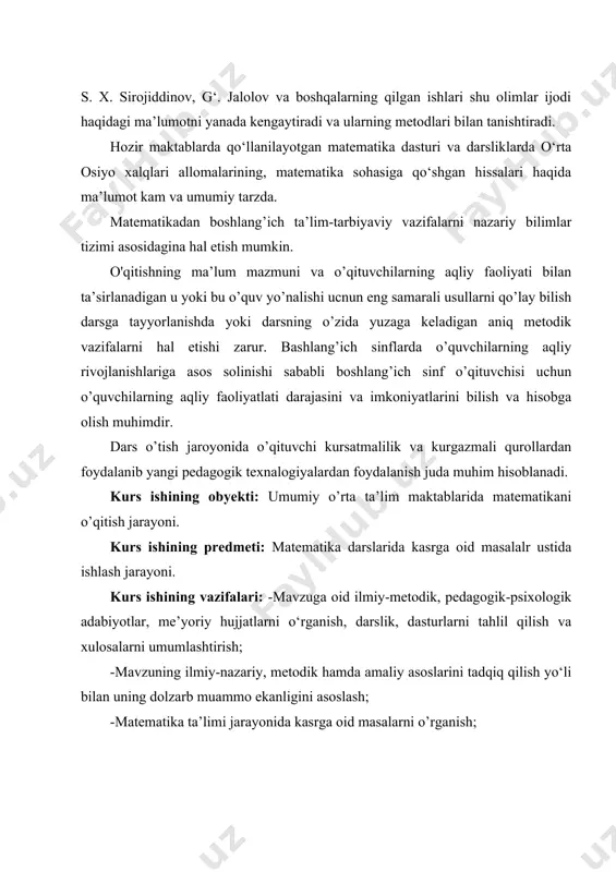 larni tahlil qilish va xulosalarni umumlashtirish; -mavzuning ilmiy-nazariy, metodik hamda amaliy asoslarini tadqiq qilish yo‘li bilan uning dolzarb muammo ekanligini asoslash; -matematika ta’limi jarayonida kasrga oid masalarni o’rganish; -matematika ta’limi jarayonida kasrga oid masalalrdan foydalanishning samaradorlik darajasini aniqlash. i bob boshlang‘ich sinflarda o‘nli kasrlar haqida tushuncha 1.1 boshlang’ich sinflarda o’nli kasrlar ustida amallar o‘qituvchi dars va darsdan tashqari mashg‘ulotlarda, matematikaga katta hissa qo‘shgan o‘rta osiyo olimlarining ishlariga doir tarixiy materiallar haqida ma’lumot berib borsa, o‘quvchilarning matematikaga qiziqishi ortadi. matematik masalalarni qadimgi va hozirgi zamon fani nuqtai nazaridan tahlil qilib yechilsa maqsadga muvofiq bo‘ladi. o‘rta osiyo xalqlari ham boshqa xalqlar qatori jahon madaniyati xazinasiga katta hissa qo‘shgan. ko‘pgina moddiy va ma’naviy boyliklar chet el bosqinchilarining ko‘p asrlar davomida o‘rta osiyo xalqlariga qarshi bosqinchilik urushlari oqibatida yo‘qolib ketgan. shu sababli bu xalqlarning o‘rta asrlardagi madaniyatining haqiqiy o‘rganish ancha mushkul. v asr oxirlariga kelib, rim imperiyasi quladi. shu munosabat bilan qadimgi rimda fan …