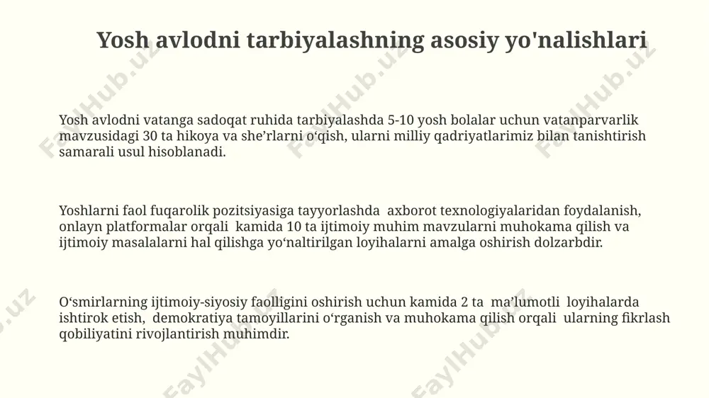 ish ko'nikmalarini rivojlantirish imkoniyati yaratiladi, natijada siyosiy faollik darajasi 15% ga o'sishi kuzatiladi. axborot texnologiyalari, jumladan, ijtimoiy tarmoqlar orqali yoshlarni siyosiy jarayonlarga jalb qilishda 20 dan ortiq turli xil onlayn platformalardan foydalanish mumkin. kritik fikrlash va mustaqil qaror qabul qilish o'quv jarayonida kamida 3 ta turli manbadan (kitob, internet, tajriba) ma'lumot olishni rag'batlantirish, bolaning mustaqil tahlil va umumlashtirish qobiliyatini rivojlantiradi. tanqidiy fikrlash ko'nikmalarini rivojlantirish uchun 5-7 yoshdagi bolalarga sodda mantiqiy topshiriqlar, muloqot o'yinlari va muammolarni hal qilish usullarini o'rgatish kerak. mustaqil qaror qabul qilish qobiliyatini shakllantirishda bolaning 10 ga yaqin turli vaziyatlarda o'z fikrini ifoda etish imkoniyatini yaratish muhim, bu esa o'z-o'zini anglash va javobgarlikni oshiradi. oiladagi fuqarolik tarbiyasi oilada demokratik muhit yaratish, bolaning fikrlarini hurmat qilish va 10 yoshdan boshlab ijtimoiy masalalar bo'yicha muhokamalarda ishtirok etish imkoniyatini berish muhim. fuqarolik ongini shakllantirishda ota-onalar va yaqin qarindoshlar muhim rol o'ynaydi, ularning 80% ta'siri bolaning ijtimoiy-siyosiy munosabatlarini belgilaydi. oiladagi fuqarolik tarbiyasi …
