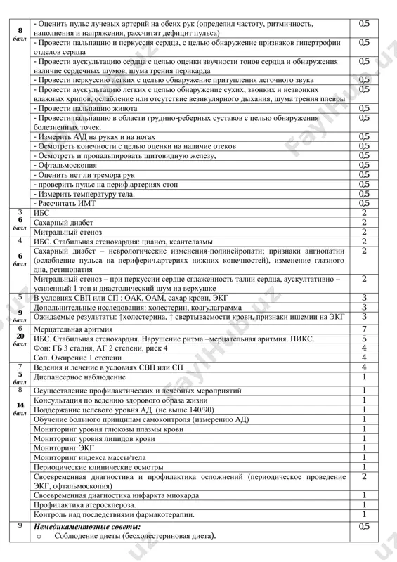 зкой, беспокойством, волнением? 0,3 - какими ощущениями сопровождаются перебои или сердцебиение в сердце? 0,3 - одышка возникает в покое или после физической нагрузки? 0,3 - отмечается ли боль в груди? если да, то ее локализация, характер, продолжительность, иррадиация? 0,3 - отмечается ли кашель, если да, то с мокротой? характер мокроты? 0,3 - как давно повышается ад? 0,4 - нет ли похудание, потливости, тремора рук? 0,4 - отмечается ли кашель? 0,4 - не появляется ли боль при наклонах, в положении лежа? не беспокоит ли боль ночью? 0,4 - какие лекарства до этого принимали? 0,4 - имеются ли вредные привычки? 0,4 2 - оценить кожные покровы (бледность, цианоз, влажность, наличие ксантелазм) 0,5 8 балл - оценить пульс лучевых артерий на обеих рук (определил частоту, ритмичность, наполнения и напряжения, рассчитат дефицит пульса) 0,5 - провести пальпацию и перкуссия сердца, с целью обнаружение признаков гипертрофии отделов сердца 0,5 - провести аускультацию сердца с целью …