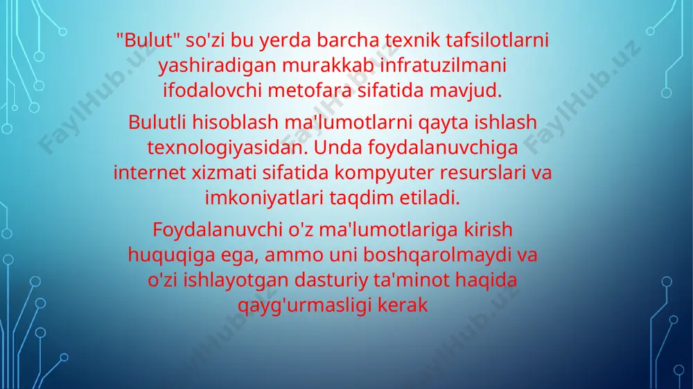 vaqtingizni muntazam ravishda rejalashtirish va taqvimlarni taqsimlash, vaqt va boshqalarni tejash imkonini beradi. bulutli texnologiyalarning afzalliklari bulutli texnologiyalarning kamchiliklari rahmat uchun e’tiboringiz *