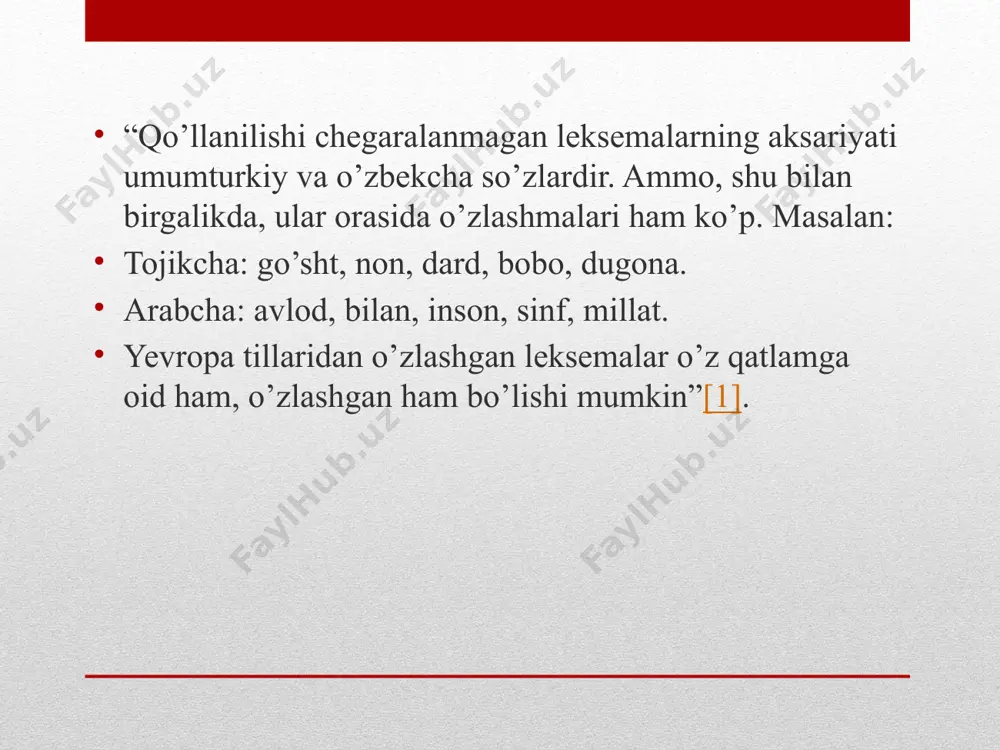 doirasi bilan chegaralangan bo’lishi shart emas. bunda ikki holatni ko’rish mumkin: 1) terminlarning ma’nosi sohaga aloqasi bo’lmagan kishilar uchun ham tushunarli bo’ladi va ular tomonidan ham qo’llanilaveradi. masalan: botanikaga oid bug’doy, paxta, o’rik, g’o’za uzum, nok; sana’atshunoslikka oid sahna, afisha, aktyor; 2) terminlarning ma’lum qismi shu termin oid bo’lgan soha kishilari uchun tushunarli bo’ladi va shular nutqida qo’llanadi: tilshunoslikka oid morfema, fonema, urg’u, o’zak; ximiyaga oid oksidlar, indikator kabi. terminlar kasb-hunarga, ilm-fanga doir tushunchalarni ifodalashiga ko’ra asosan, ikki katta turga: ilmiy terminlar va professional terminlarga ajraladi. professional terminlar: ovchilik, chorvachilik, kulolchilik, duradgorlik, binokorlik, poyabzaldo’zlik, naqqoshlik, kashtachilik va shu kabi sohalarga oid tushunchalar, o’zlariga xos so’zlar (terminlar) bilan ifodalanadi. ma’lum kasb – hunarga va mutaxassislikga oid monosemantik so’zlar professional terminlar sanaladi. /docprops/thumbnail.jpeg