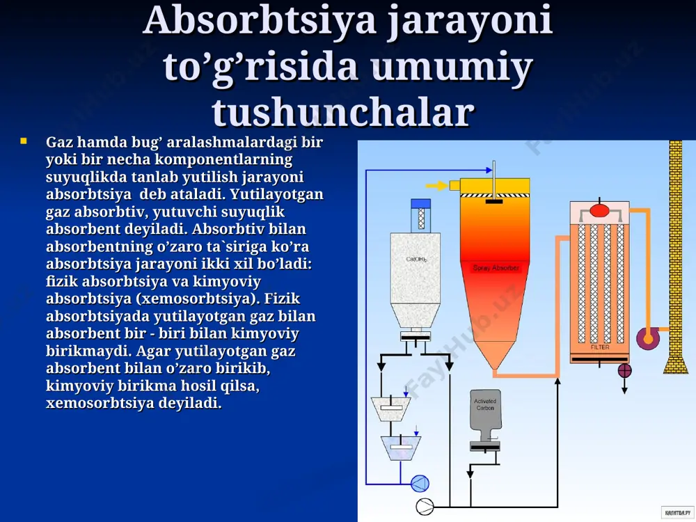 h uchun issiqlik almashinish qurilmalari 3 kiradi. yutuvchi suyuqlik gazning yo’nalishi bo’yicha oxirgi absorberga beriladi, yuqoridan pastga oqib, qabul qiluvchi yig’gichga tushadi va nasos yordamida sovitgich orqali oldingi absorberga yuboriladi. shunday qilib gaz va suyuqlikning qarama - qarshi yo’nalishdagi o’zaro ta’siri yuz beradi. qarama - qarshi yo’nalishli absorbtsiya qurilmasining sxemasi: 1 – eritma yig’gich; 2 – absorberlar; 3 – sovitgichlar; 4 – nasoslar gazni qayta ishlash zavodlaridagi asosiy jarayon bu – benzinsizlashtirish jarayoni hisoblanadi. qayta ishlanadigan neft gazini hajmidan, bu gazdagi zarur komponentlarni ajratish darajasiga va boshqa omillarga ko’ra benzinsizlashtirishni to’rt usuli qo’llaniladi: • kompressorlash; • past temperaturali kondensatsiya va rektifikatsiya; • absorbsiyalash; • adsorbsiyalash; benzinsizlantirishni kompressorlash usulida gazni siqishga asoslangan bo’lib, havoli va suvli sovutkichlarda sovitiladi. bunda gaz tarkibidagi og’ir uglevrdorodlar va suv bug’lari kondensaciyalanadi, so’ngra separatorlarda ajratiladi. bu usul orqali gazdan zarur komponentlardan etarli darajada ajratish imkonini ta`minlaydi va odatda boshqa benzinsizlashtirish usullari bilan birikkan holda o’tkazish talab …