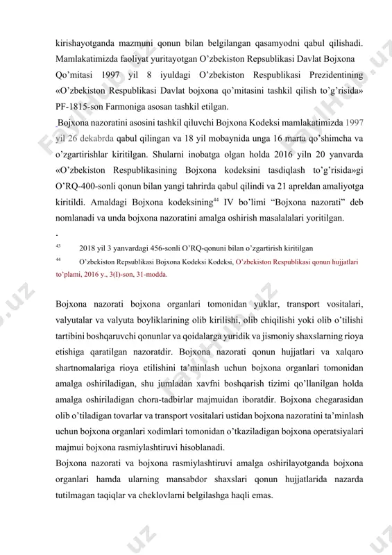 lar va valyuta boyliklarining olib kirilishi, olib chiqilishi yoki olib o’tilishi tartibini boshqaruvchi qonunlar va qoidalarga yuridik va jismoniy shaxslarning rioya etishiga qaratilgan nazoratdir. bojxona nazorati qonun hujjatlari va xalqaro shartnomalariga rioya etilishini ta’minlash uchun bojxona organlari tomonidan amalga oshiriladigan, shu jumladan xavfni boshqarish tizimi qo’llanilgan holda amalga oshiriladigan chora-tadbirlar majmuidan iboratdir. bojxona chegarasidan olib o’tiladigan tovarlar va transport vositalari ustidan bojxona nazoratini ta’minlash uchun bojxona organlari xodimlari tomonidan o’tkaziladigan bojxona operatsiyalari majmui bojxona rasmiylashtiruvi hisoblanadi. bojxona nazorati va bojxona rasmiylashtiruvi amalga oshirilayotganda bojxona organlari hamda ularning mansabdor shaxslari qonun hujjatlarida nazarda tutilmagan taqiqlar va cheklovlarni belgilashga haqli emas. o’zbekiston respublikasining bojxona chegarasi orqali olib o’tiladigan hamda shartli chiqarib yuborilgan tovarlar va transport vositalari bojxona nazoratidan o’tkazilishi lozim. bojxona nazorati zonalari bojxona chegaralari bo’ylab, bojxona rasmiylashtiruvi joylarida, bojxona organlari joylashgan yerlarda va bojxona organlari tomonidan belgilanadigan boshqa joylarda tuziladi. bojxona nazorati zonalarida ishlab chiqarish, tijorat faoliyatini va boshqa faoliyatni amalga …