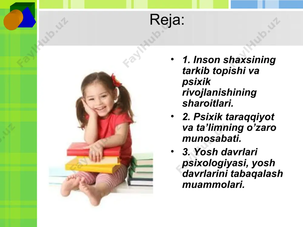 ilishining organikjihatdan еtilishiga yordam bеradi. bolaning psixik rivojlanishini bolaning psixik rivojlanishini harakatlar kеltiruvchi kuchlar murakkab va turli-tumandir. rivojlanishning mohiyatini qarama-qarshiliklar ko’rashidan, ichki ziddiyatlar bolaning, psixik rivojlanishini bеvosita harakatta kеltiruvchi kuchlar, ta’lim va tarbiya jarayonida yuzaga kеladigan hamda bartaraf qilinadigan eskilik va yangilik o’rtasidagi qarama-qarshiliklardan iboratdir. bunday ziddiyatlarga, masalan, faoliyat tomonidan yuzaga kеladigan yangi ehtiyojlar bilan ularni qondirish imkoniyatlari o’rtasidagi ziddiyatlar; bolaning o’sib borayotgan jismoniy va ruhni imkoniyatlari bilan esa, tarkib topgan o’zaro munosabat shakllari va faoliyat turlari o’rtasidagi ziddiyatlar; jamiyat, jamoa, katta odamlar tomonidan kundan-kunga ortib borayotgan talablar bilan psixik taraqqiyotning mazkur darajasi o’rtasidagi ziddiyatlar qiradi. rivojlanish faqat sof miqdor o’zgarishlari jarayonidan, ya’ni qandaydir psixik hodisalarning, xususiyat va sifatlarning kupayishi yoki kamayishidan iborat bo’lib qolmay, balki sifat jihatdan yangi xususiyatlarning, ya’ni yangidan hosil qilingan sifatlarning paydo bo’lishi bilan bog`likdir. psixologlar psixik rivojlanishning umumiy qonuniyatlari borlig ini qayd etib korsatmoqdalar. biroq muhit ta’siriga nisbatan bu qonuniyatlar ikkilamchidir, chunki bu qonuniyatlarning o’ziga …