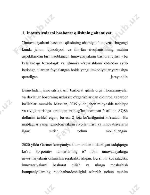 i bo‘lishni istagan har qanday tashkilot yoki davlat uchun strategik ahamiyatga ega. 2. korxonalarda innovatsion strategiyalar albatta, korxonalarda innovatsion strategiyalar haqida ma'lumotlarni taqdim etaman. innovatsion strategiyalar korxonalarning uzoq muddatli muvaffaqiyatini ta'minlash uchun muhim ahamiyatga ega. ushbu strategiyalar korxonalarga raqobatbardoshlikni oshirish, bozorda o'z o'rnini mustahkamlash va yangi imkoniyatlardan foydalanish imkoniyatini beradi. innovatsion strategiyalarni to'g'ri tanlash orqali korxonalar yangi mahsulotlar va xizmatlarni ishlab chiqishi, jarayonlarni optimallashtirishi va iste'molchilar ehtiyojlarini yaxshiroq qondirishi mumkin. 1. **innovatsion strategiyalarning turlari**: korxonalar turli xil innovatsion strategiyalarni qo'llashi mumkin, jumladan, mahsulot innovatsiyasi, jarayon innovatsiyasi, xizmat ko'rsatish innovatsiyasi va tashkilot innovatsiyasi. mahsulot innovatsiyasi yangi yoki yaxshilangan mahsulotlarni yaratishni o'z ichiga oladi. jarayon innovatsiyasi esa ishlab chiqarish yoki xizmat ko'rsatish jarayonlarini yanada samarali qiluvchi texnologiyalar va metodlarni qo'llashdir. xizmat ko'rsatish innovatsiyasi esa mijozlarga ko'rsatilayotgan xizmatlar sifatini va xilma-xilligini oshirish maqsadida amalga oshiriladi. tashkilot innovatsiyasi korxonaning tuzilmasi, menejment jarayonlari va ishchi kuchidan samarali foydalanishni takomillashtirishni o'z ichiga oladi. 2. **innovatsion strategiyalarni …