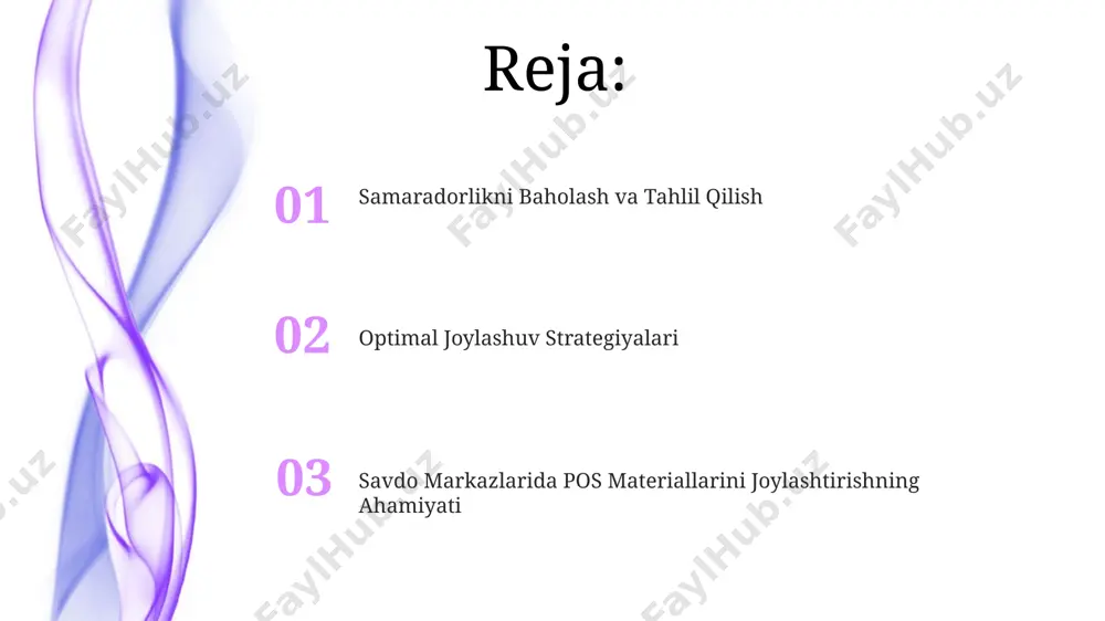 sh, ularning oziq-ovqat va uy-ro'zg'or buyumlariga bo'lgan ehtiyojini hisobga olgan holda. samarqanddagi "navoiy" savdo markazida o'quvchilar va talabalar (15-22 yosh) segmentini aniqlash, ularning byudjet narxdagi kiyim-kechak va aksessuarlarga bo'lgan talabini inobatga olib, strategiyani tuzish. savdo markazlarida pos materiallarini joylashtirishning ahamiyati toshkentdagi savdo markazlarida to'g'ri joylashtirilgan pos materiallari (masalan, 30% dan ortiq ko'rinadigan joylarda) sotishni 15-20% ga oshirishi mumkin, chunki ular mijozlarning e'tiborini tortadi. farg'ona viloyatidagi kichik do'konlarda o'rnatilgan pos materiallari soni 5 tadan oshganda, mijozlarning chalkashishi kuzatilib, sotish 10% ga pasayishi mumkin, bu esa joylashtirish strategiyasining ahamiyatini ta'kidlaydi. samarqanddagi yirik savdo majmualarida o'tkazilgan tadqiqotlar shuni ko'rsatdiki, kirish qismidagi va kassalar yaqinidagi pos materiallari 25% ga yuqori sotish ko'rsatkichiga ega bo'lgan. muvaffaqiyatli kampaniyalar misollari "samsung"ning andijon shahridagi "navoiy" savdo majmuasida 3 oy davom etgan kampaniyasi, interaktiv pos materiallari va to'g'ri joylashuv strategiyasi natijasida elektronika sotish hajmini 25% ga oshirdi. "uniqlo"ning 2023-yilgi farg'ona shahridagi "depo" savdo markazidagi aksiyasi, innovatsion pos dizayni va …