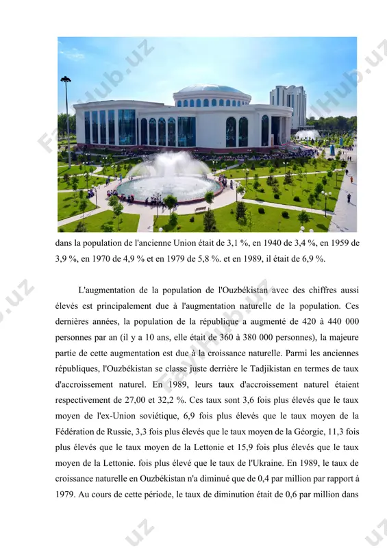 on était de 0,6 par million dans l'ancienne union, de 1,1 dans la fédération de russie, de 1,4 en géorgie et de 2,0 par million. millions en ukraine. le fait que les indicateurs de l'accroissement naturel de la population en ouzbékistan soient restés si élevés ces derniers temps est lié à un certain nombre de raisons sociales et économiques. les principaux sont les bleus. état stable des enfants multiples traditionnels parmi les ouzbeks et les représentants d'autres nationalités locales ; culture relativement faible de la production scientifique et industrielle moderne caractéristique des pays développés ; en raison du faible niveau d'urbanisation, la majorité de la population est employée dans l'agriculture et les secteurs de production connexes ; la prédétermination du nombre d'enfants dans la famille et les mesures de contrôle des naissances ne sont pas très répandues ; parmi les femmes de nationalité locale, il y a une grande proportion …
