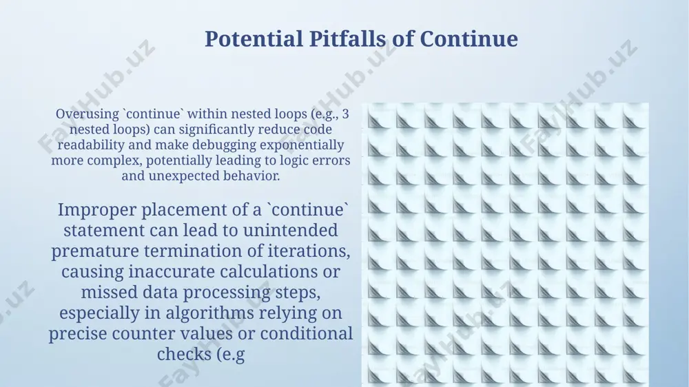 owing runtime exceptions occurring after a `continue` statement is crucial; identifying the line number where the exception originates often helps uncover a related bug affecting 3 or more subsequent iterations. using a debugger, set breakpoints before and after the `continue` statement to inspect the program's state, particularly variable values and conditional expressions; this helps pinpoint logical errors causing unintended skips of 2 or more iterations. continue in programming: a deep dive `continue`'s efficiency is crucial when dealing with large datasets or computationally expensive operations. avoiding unnecessary calculations within loops using `continue` can improve performance by a factor of 2x or more depending on the context. unlike `break`, the `continue` statement in python (and many other languages) only halts the current iteration of a loop (e.g., a `for` or `while` loop), skipping the remaining code within that iteration and proceeding to the next. continue in loops: for, while, and do-while unlike …