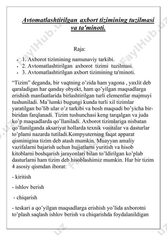 : tizimning texnik darajasi , ishlov berilayotgan axborot xarakteri , axborotning ishlatish maqsadlari , yani ushbu tizim hal qilishda yordam berishi mo’ljallangan vazifalar doirasi. texnika darajasi bo’yicha axborot tizimlari quydagi tizimlarga bo’linadi: dastlabki mexanizatsiyalashgan avtomatlashtirilgan avtomatlashgan dastlabki axborot tizimlarida axborotga ishlov berishning barcha jarayonlari qo’lda bajarilgan. bunday tizimlarda axborotni qidirish uchun oddiy selektiv moslamalardan foydalaniladi. bu qurilmalar arzon, ular bilan ishlatish uchun oliy malakali xizmat ko’rsatuvchi xodimlar talab etilmaydi. mexanizatsiyalashgan axborot tizimlarida axborotga ishlov berish va qidirish uchun turli mexanizatsiyalshgan vositalardan foydalaniladi, ular orasida hisoblash perforatsiya mashinalari keng tarqalgandir. mexanizatsiyalashgan axborot tizimlarida axborot eltuvchilari bo’lib perfokartalar hisoblanadi. bunday mexanizatsiyalashgan tizimlarning texnik vositalari takibiga perforatsiya mashinalari kiradi. ularning har biri muayyan bir vazifani bajaradi. perforator yordamida zxborot dastlabki hujjatdan perfokartalarga o’tkaziladi. saralovchi umumiy belgilarga ega bo’lgan perfokartalarni alohida guruhlar bo’yicha joylashtiriladi. avtomatlashtirilgan avtomatlashgan axborot tizimlaridagi axborotni saqlash, unga ishlov berish va qidirish uchun hamda kompyuterlarda axborotni to’plash, tayyorlash va uzatish, shuningdek …