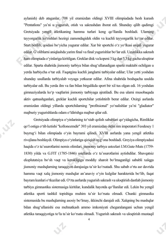 ortchilar yetishtirib berar edilar. oxirgi asrlarda eramizdan oldingi yillarda sportchilarning "profitsional" yo‘nalishlar ya’ni "gladiator" majburiy yugurishlarda odam o‘ldirishga majbur qilar edi. gretsiyada olimpiya o‘yinlarining to‘xtab qolish sabablari qo‘yidagicha, rimliklar qo‘l ostiga o‘tib ketishi "kollonozmdir" 393 yil eramizdan oldin rim imperatori feodesey 1 buyrug‘i bilan olimpiada o‘yin bayrami qilindi. xviii asrlarda yana yengil atletika rivojlana boshlaydi. olimpiya o‘yinlariga qiziqish uyg‘ona boshladi. greyiya olimpiyadasi haqida o‘z ta’ssurotlarini nemis olimlari, jismoniy tarbiya ustozlari i.m.gute-muts (1759-1830) yilda va g.fit (1785-1846) usullarda o‘z ta’ssurotlarini aytishdilar. shavqatsiz eksplutatsiya bo‘sh vaqt va kerakligiga moddiy sharoit bo‘lmaganligi sababli xalqga jismoniy mashqlarning taraqqiyot darajasiga ta’sir ko‘rsatadi. shu sabab o‘rta asr davrida hamma vaqt xalq jismoniy mashqlar an’anaviy o‘yin kulgilar harakterida bo‘lib, faqat bayram kunlari o‘tkazilar edi. o‘rta asrlarda yugurish sakrash va uloqtirish dastlab jismoniy tarbiya gimnastika sistemasiga kiritilar, kundalik hayotda qo‘llanilar edi. lekin bu yengil atletika sporti tashkil topishiga muhim ta’sir ko‘rsata olmadi. chunki gimnasika sistemasida bu mashqlarning asosiy …