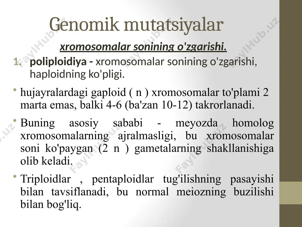 ng ikki turi mavjud : 1 . ma'lum sohalarda ikkita xromosoma almashinuvi . ikkita xromosomaning qisqa qo'l bilan birlashishi ( akrosentrik ), bunda ikkala xromosomaning qisqa qismlari yo'qoladi. agar xromosoma mutatsiyalari natijasida xromosomalarning kichik bo'laklari ta'sirlansa va genlarning nomutanosibligi kichik bo'lsa, mutatsiyalar organizmning hayotiyligiga unchalik ta'sir qilmaydi. agar xromosomalarning kengaytirilgan bo'limlari ta'sir qilsa, genlar muvozanati buziladi, bu organizmlarning hayotiyligiga ta'sir qiladi. ushbu mutatsiyalarning paydo bo'lishi xromosomalarning image2.png image3.png image4.png image5.png image6.jpeg image7.png image8.jpeg image9.jpeg image10.jpeg image11.jpeg /docprops/thumbnail.jpeg