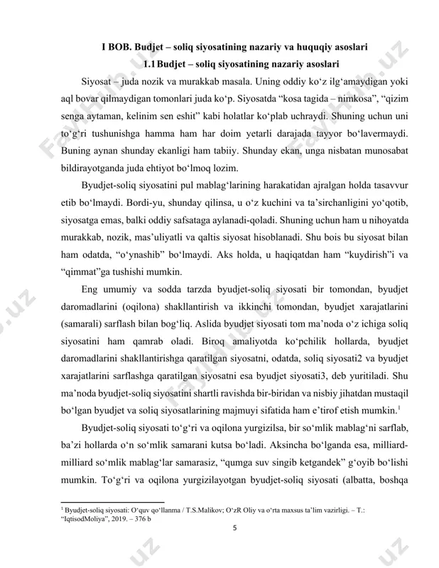 asini belgilashda ta’lim tizimining nisbatan mustaqil bosqichi bo‘lgan magistraturada o‘quv jarayonining o‘ziga xos bo‘lgan xususiyati (jumladan, ayrim dolzarb mavzuni “ipidan-ignasigacha” yoki chuqurlashtirilgan tarzda o‘rganish) inobatga olindi. xususan, o‘quv qo‘llanmada ta’lim tizimining bakalavriat bosqichida muhokama qilingan “moliyaviy siyosat” mavzusini atroflicha ko‘rib chiqishga harakat qilindi. bunda uning asosan, ikki jihatiga, ya’ni byudjet va soliq siyosatlarining majmuyidan iborat ekanligiga jiddiy e’tibor qaratildi. shunday bo‘lishiga qaramasdan, bu yerda eng avvalo, boshqa bir narsaga aniqlik kiritildi. gap shundaki, hozirgi paytda u yoki bu mamlakat doirasida ishlab chiqilayotgan va hayotga tatbiq etilayotgan har qanday siyosatni shu mamlakatda tarkib toptirilayotgan bozor iqtisodiyotining qaysi modelga asoslanganligidan ayro holda tasavvur etib bo‘lmaydi. boshqacha so‘zlar bilan aytganda bozor iqtisodiyotini shakllantirish modellari sun’iy tarzda emas, balki tabiiy ravishda mamlakatdagi har qanday siyosatga, jumladan, byudjet-soliq siyosatiga ham o‘z ta’sirini ko‘rsatmasdan qolmaydi. chunki bozor iqtisodiyotini shakllantirishning har bir modeli faqat o‘ziga xos bo‘lgan bir necha xususiyatlarga egaki, ular albatta, siyosatda o‘z izini qoldiradi. …
