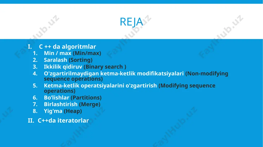 birlashtirish) yig'ma (make_heap, push_heap) min / max (min/max) nomi bajaradigan vazifasi min eng kichikini qaytardi maksimal eng kattasini qaytardi minmax eng kichik va eng katta elementlarni qaytardi min_element diapazondagi eng kichik elementni qaytardi max_element intervaldagi eng katta elementni qaytardi minmax_element diapazondagi eng kichik va eng katta elementlarni qaytardi min algoritmi max algoritmi minmax algoritmi massivdagi eng katta va kichik elementlarni topish saralash (sorting) nomi bajaradigan vazifasi sort elementlarni oraliqda saralaydi stable_sort ekvivalentlar tartibini saqlaydigan elementlarni saralaydi partial_sort elementlarni intervalgacha qisman saralaydi partial_sort_copy nusxalash va qisman saralaydi is_sorted diapazon tartiblanganligini tekshiradi is_sorted_until dastlabki saralanmagan elementni topadi nth_element elementni diapazonda saralaydi sort algoritmi algoritmning murakkabligi n*log2(n) sorting by function sorting by struct stable sort if enough extra memory is available, linearithmic in the distance between first and last: performs up to n*log2(n) element comparisons (where n is this distance), and up to that many element moves. otherwise, polyloglinear in that distance: performs …