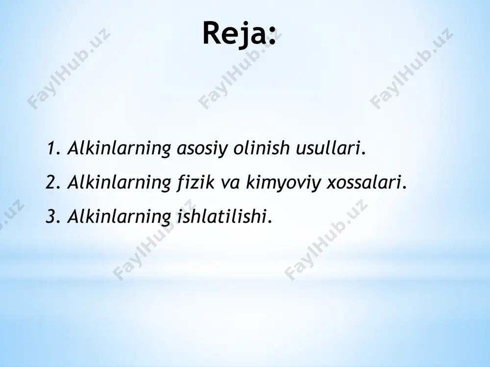 oson hujum qilishi mumkin. atsetilenda p-elektronlar bir- birini etilendagiga nisbatan kuchliroq qoplagan. shuning uchun atsetilendagi -bog‘ etilendagiga nisbatan mustahkam. demak, alkinlar elektrofil birikish reaksiyalariga alkenlarga nisbatan qiyinroq kirishadi. atsetilenda uglerod atomlari orasidagi masofa (0,121 nm) etilendagi (0,133 nm) ga nisbatan qisqa bo‘lganidan ularga hujum qiladigan elektrofil reagentlarning reaksiyasi sekin boradi. lekin alkinlar nukleofil birikish reaksiyalariga alkenlarga nisbatan osonroq kirishadi. endi etan, etilen va atsetilendagi bridlanish xarakterining o‘zgarishi, ularning tuzilishi va xossalariga qandayta’sirqilishini ko‘rib chiqaylik: ch3ch3; ch2ch2; hcch qatorida chapdan o‘ngga borgan sari quyidagi o‘zgarishlar sodir bo‘ladi: ch bog‘larining uzunligi kamayadi (0,110 nm; 0,109 nm; 0,106 nm); ch bog‘ning dipol momenti oshib boradi (0,307 d; 0,629 d; 1,05 d); uglerodatomlarining elektromanfiyligi oshib boradi (2,50; 2,69; 2,75); kislota xossalari kuchayib boradi –kdis.(10-40; 10-40; 10-22). ratsional nomenklaturaga ko‘ra oddiy alkinlar atsetilenning hosilalari deb qaraladi. sistematik nomenklaturaga ko‘ra atsetilen uglevodorodlarga alkinlar deyiladi. ularning nomlari tegishli alkanlar nomidagi an qo‘shimchasini in ga almashtirish bilan hosil …