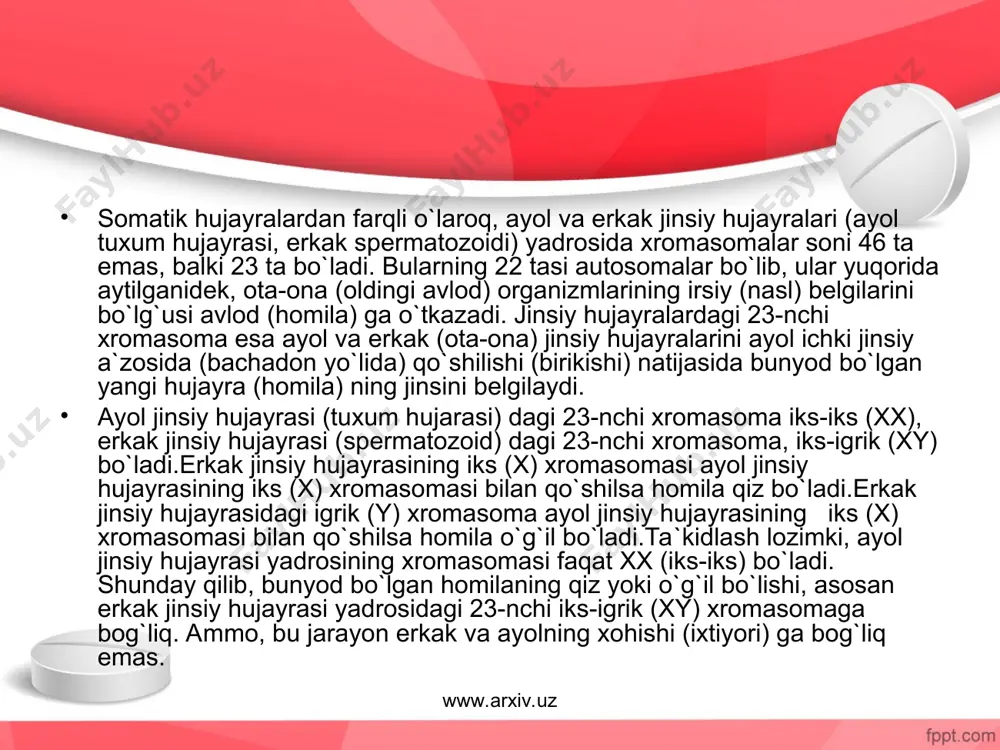 etik nasl kasalliklari.bular genlarning mutatsiyasi tufayli yuzaga keladi. www.arxiv.uz www.arxiv.uz xromasoma nasl kasalliklari. sabablari. xromasoma nasl kasalliklari xromasomaning mutatsiyalanishi (kasallikka uchrashi, o`zgarishi) natijasida yuzaga keladi.xromasoma nasl kasalligi avloddan-avlodga beriladi. shuningdek, erkak va ayolning hayoti jarayonida tashqi muhitning turli xil noqulay ta`sirlari (kimyoviy moddalar, yuqumli kasalliklarning viruslari, mikroblarining zahari, dori moddalar, narkotiklar, nurlanish va hokazolar ta`siri) natijasida uning organizmini qaysidir xromasomasi mutatsiyaga (o`zgarishga) uchrab kasallanishi mumkin. erkak yoki ayol jinsiy hujayrasidagi avlodidan berilgan mutatsiyaga uchragan xromasomani homilaga o`tishi, shuningdek, erkak yoki ayolning hayoti davomida tashqi muhitning turli xil zararli ta`sirlari natijasida jinsiy hujayra yadrosidagi qaysidir xromasomani mutatsiyaga uchrashi va uni homilaga berilishi, bo`lg`usi avlodda xromasoma nasl kasalligini yuzaga keltiradi. www.arxiv.uz www.arxiv.uz yuqorida qayd etilgan xromasoma nasl kasalliklarida homilaning tana tuzilishida, ayrim to`qima-a`zolarining tuzilishida, shaklida, funksiyasida jiddiy nuqsonlar bo`ladi.shu bois xromasoma nasl kasalligi bilan tug`ilgan chaqaloqning tashqi qiyofasidayoq bu o`ta og`ir xastalikning belgilari namoyon bo`ladi. xromasoma nasl kasalliklariga misol sifatida quyida daun …