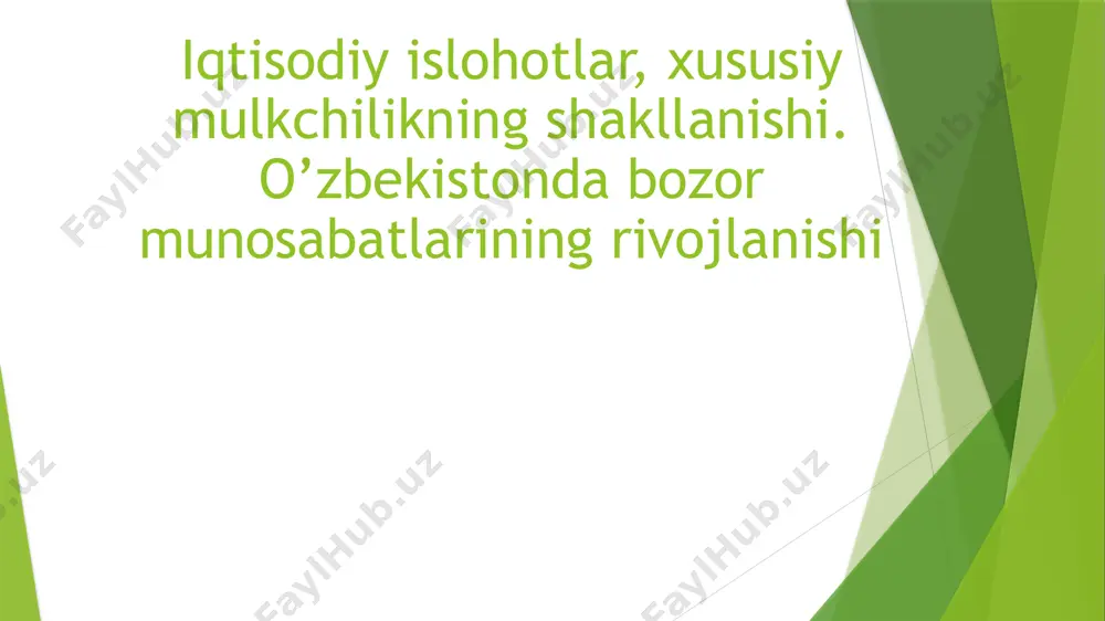 digan iqtisod tushuniladi. bozor iqtisodiyoti azaldan mavjud. u bir necha ming yillardan beri rivojlanib, turli iqtisodiy – ijtimoiy tizimlar doirasida saqlanib keladi. bozor iqtisodiyotiga o‘tish – bu shunchaki maqsad emas, balki iqtisodda bozor munosabatlarini shakllantirish, jamiya tni yangilash yo‘lidir, ya’ni iqtisodiy faoliyat erkinligiga, mulchilikning xilma – xilligiga, narx erkinligiga, raqobat qurashiga, shaxsiy huquq va erkinl iklarning qaror topishiga, daromadning cheklanmaganligiga erishish demakdir. ijtimoiy yo‘naltirilgan bozor iqtisodiyotini shakllantirish uchun iqtisodiyotni tubdan isloh qilishga kirishildi. аvvalo, iqtisodiy islohotlarning quyidagi strategik maqsadlari belgilab olindi: kishilar hayoti va faoliyati uchun zarur shart-sharoitlarni taʼminlaydigan iqtisodiy tizimni barpo etish; ko‘p ukladli iqtisodiyotni yaratish; xususiy mulkning davlat tomonidan himoya qilinishini taʼminlash; korxonalar va fuqarolarga keng iqtisodiy erkinliklar berish; iqtisodiyotda chuqur tarkibiy o‘zgarishlar qilish va raqobatbardosh mahsulotlarni ishlab chiqarish; jahon iqtisodiy tizimiga qo‘shilib borish; kishilarda yangicha iqtisodiy fikrlashni shakllantirish; бозор иқтисоди муносабатларига асосланган жамиятни барпо этишнинг асосий шарти: давлат мулкини хусусийлаштириш; кўп укладли иқтисодни вужудга келтириш; ишлаб чиқаришкорх …