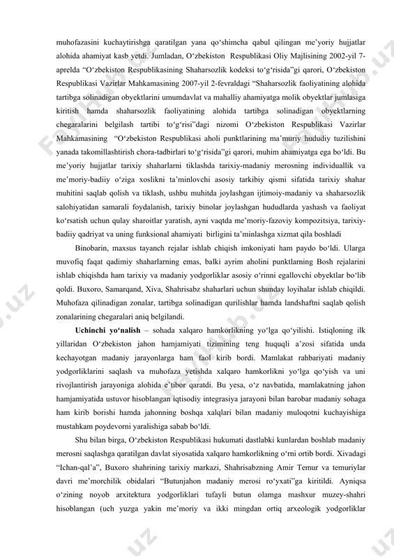 idoralar va ularning faoliyatida tashkiliy va tuzilmaviy oʻzgarishlar alohida ahamiyat kasb yetdi. jumladan, vazirlar mahkamasining 2002-yil 29-iyuldagi № 269-sonli "madaniy meros obyektlarini muhofaza qilish va ulardan foydalanishni yanada takomillashtirish chora-tadbirlari toʻgʻrisida"gi qarori bilan oʻzbekiston respublikasi madaniyat ishlari vazirligi madaniy meros obyektlarini muhofaza qilish va ulardan foydalanish ilmiy ishlab chiqarish bosh boshqarmasiga aylantirildi. shu bilan birga, ushbu qaror ostida “madaniy meros obyektlarini muhofaza qilish va ulardan foydalanish masalalarini muvofiqlashtirish boʻyicha idoralararo komissiya toʻgʻrisida”, shuningdek, oʻzbekiston respublikasi madaniy meros obyektlari davlat kadastrini yuritish tartibi toʻgʻrisida” hamda “madaniy meros obyektlarining tarixiy-madaniy ekspertizasi toʻgʻrisida” nizomlar tasdiqlandi va amaliyotga joriy etildi. bu bosqichda ham xalqaro miqyosda nishonlangan yubileylar, xususan, termiz shahrining 2500 yilligi, shahrisabzning – 2700, qarshining – 2700, samarqand shahrining – 2750, margʻilonning – 2000, va toshkent shahrining 2200 yilligini nishonlanishi, shuningdek, abduholiq gʻijduvoniy tavalludining 900 yilligi, xorazmdagi ma’mun akademiyasining 1000 yillik yubleylari oʻtkazilishi qadimiy shaharlarimiz va muqaddas ziyoratgohlarning qiyofasiini tubdan oʻzgartirib yubordi. shu …