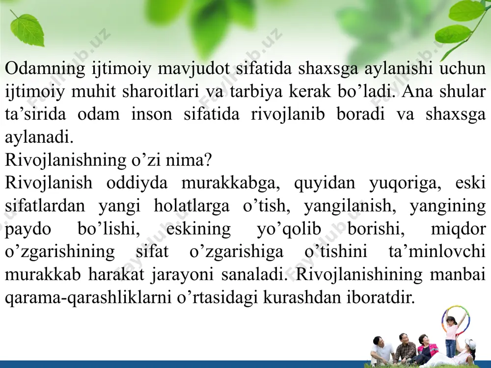 ning o`ziga va bolalariga bo`lgan talabchanligi, katta va kichiklarning o`zaro munosabatlari, do`stona muhit, ishonch va o`zaro bir-birlarini tushunish oila, maktab va jamoatchilikning bolalar tarbiyasi yuzasidan olib boriladigan muhim omillaridir. bunday biriikning ruyobga chiqishida, eng avvalo, ota-onalarning siyosiy ongliligi muhim rol o`ynaydi. chunki ota-onalarning faolligi oilaviy hayotda o`z ifodasini topadi. shu ma'noda bolalar o`z ota-onalarining siyosiy va fuqarolik qiyofalariga qarab o`z xulqatvorlarini tartibga soladilar, jur'atlarini joyiga qo`yadilar. e’tiboringiz uchun raxmat image15.png image1.jpeg image2.jpeg image3.jpeg image7.png image8.png image9.png image10.png /docprops/thumbnail.jpeg