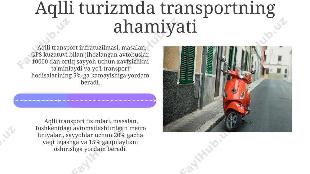 ҳлик соҳаси ривожига ёрдам берган. mijozlarga xizmat ko'rsatish sifati toshkent shahridagi 5 yulduzli mehmonxonalarda mijozlarga ko'rsatilayotgan xizmatlarning 90% dan ortig'i ijobiy baholanmoqda, bu esa transport infratuzilmasining yaxshilanishi bilan bog'liq. samarkanddagi sayyohlik agentliklarining 75% i mijozlarga onlayn rejalashtirish va real vaqtda transport monitoringi kabi smart xizmatlarni taklif qilmoqda. transport vositalarining xususiyatlari самарқанд ва бухоро каби тарихий шаҳарларда сайёҳлар учун 100 дан ортиқ автобус йўналишлари мавжуд бўлиб, уларнинг аксарияти замонавий, кондиционерли транспорт воситаларидан иборат. ўзбекистоннинг тоғли ҳудудларида, хусусан фарғона водийсида, 4х4 типдаги жип машиналаридан фойдаланиш сайёҳларга қийин ерларга етиб бориш имконини беради, бу эса экотуризмни ривожлантиришга ёрдам беради. ekologik toza transport vositalari samarqand viloyatida 50 dan ortiq ekologik toza velosiped yo'llari qurilgan bo'lib, bu turizm sohasida velosiped sayohatlarini rivojlantirish va havo ifloslanishini kamaytirishga xizmat qiladi. andijon shahrida ishga tushirilgan gidroelektrostantsiya yordamida ishlaydigan ekologik toza tramvay tizimi, shahar transporti uchun 30% gacha energiya tejash imkoniyatini yaratadi. e'tiboringiz uchun rahmat @taqdimot_robot image4.jpg image5.jpg image6.jpg …
