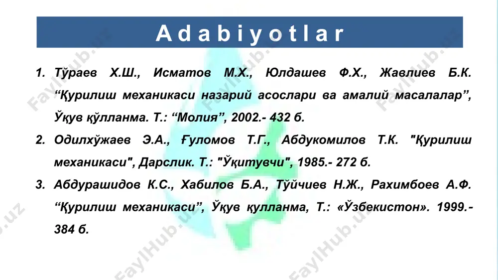 urazboev, v.k. qobulov, t.sh. shirinqulov, t.r.rashidov va boshqalar materiallar qarshiligining ayrim bo‘limlari bo’yicha mustaqil maktablar yaratdilar. x.a. raxmatulin v.k. qobulov qurilish mexanikasi fanining qisqacha rivojlanish tarixi m.t. urazboev qurilish mехаnikаsida foydalaniladigan gipotezalar jism bir jinsli va yaxlit deb qaraladi. 2. jism absolyut elastik va izotrop deb qaraladi. 3.jismning deformatsiyasi uning o‘lchamlariga qaraganda ancha kichik deb qaraladi. 4.jismga qo‘yilgan kuch ma’lum miqdordan oshmasa, jism chiziqli deformatsiyalanadi (guk qonuni). 5.deformatsiyadan oldin tekis bo‘lgan kesim, deformatsiyadan keyin ham tekis bo‘lib qoladi (bernulli gipotezasi). izotrop material – fizik - mexanik xossalari barcha yo‘nalishlar bo‘yicha bir xilligi tushuniladi. izotrop materiallarga shartli ravishda metall, tosh, oyna kabilarni misol qilish mumkin. qurilish mехаnikаsida foydalaniladigan gipotezalar qurilish mехаnikаsida foydalaniladigan gipotezalar anizotrop material – xossalari barcha yo‘nalishlar bo‘yicha turlicha bo’lgan materiallar tushuniladi. anozotropligini yaqqol namoyon qiluvchi material bu yog’ochdir. (mustahkamligi bo’ylama va ko’ndalang tolalari bo’yicha keskin farq qiladi), turli xil tolali, qatlamli kompozit materiallar. inshootlarning hisoblash sxemasi deb uning …