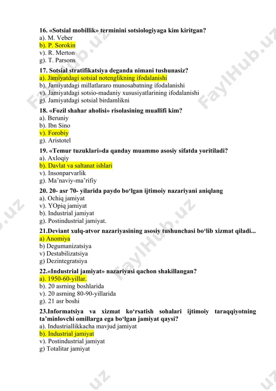 sotsiologiya oilani qanday o‘rganadi? a) birlamchi kichik guruh sifatida. b) munosabatlar yig‘indisi sifatida. sotsial institut sifatida g). ijtimoiy-madaniy hodisa 25. zamonaviy g‘arb jamiyatida o‘rta sinf salohiyati... a) 20-25. % b) 60-70%. v) 30.-40% g)10-15% 26.quyidagi sotsial hodisalardan qaysi birini deviant xulq-atvor normalariga kiritish mumkin? a) ichkilikbozlik, narkomaniya. b) tug‘ilish, o‘lim. v) migratsiya, g) kadrlar qo‘nimsizligi 27. sotsiololgik tadqiqot dasturi nimadan boshlanadi? a). tadqiqotni tashkil etish b). muammoning qo‘yilishi v). ob’ektni tasvirlash g). respondentlarni tanlash 28. quyidagilardan qaysi biri eng ommaviy empirik metod hisoblanadi? a). hujjatlarni o‘rganish. b). eksperement. v). so‘rov. g). kuzatish. 29. quyidagilardan qaysi biri kontning «asosiy fanlar ierarxiyasi»ga tegishli. a) metematika, astronomiya, fizika, biologiya, sotsiologiya. b) sotsiologiyadan tashqari barcha aniq fanlar. v) iqtisodiy fanlar, siyosiy fanlar, diniy fanlar, huquq, sotsiologiya. g) iqtisodiy fanlar, siyosiy fanlar, huquq, sotsiologiya. 30.pozitivizm yo‘nalishi bu... a) naturalizm, evolyusionizm, mexanizm. organitsizm. b) struktura funksionalizm, fenomenologiya, v) konflikt, keomarksizm g) simvolik interaksionizm, organistik 31. empirik …