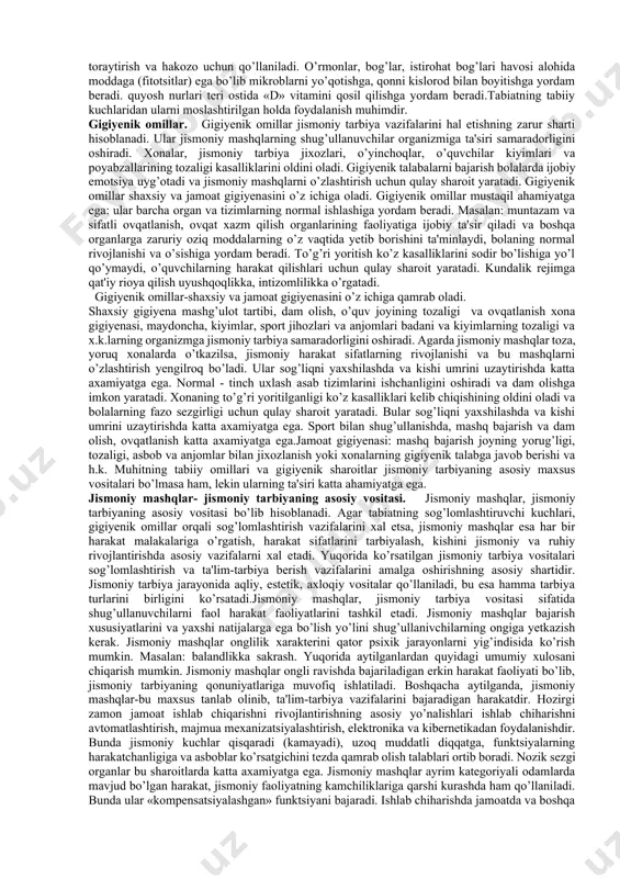 niy tarbiya vositalari qo’llanilsa, shundagina, yuqorida ko’rsatilgan vazifalarga to’la javob bеrish mumkin, chunki har bir vosita organizmga har xil ta'sir etadi. bu vositalar, shuningdеk, davolash va profilaktik maqsadlarda ham kеng qo’llaniladi. tabiatning sog’lomlashtiruvchi kuchlari. tabiatning sog’lomlashtiruvchi kuchlari jismoniy tarbiya jarayonida ikki yo’nalishda olib boriladi: jismoniy mashqlar mashg’ulotining tashkil etilishi va muvofiqli sharoit sifatida o’tkazilishi (ochiq havoda, quyosh nurining ta'sirida, tong sharoitida va h.k), ya'ni muhitning tabiiy omillari jismoniy mashqlar ta'sirini kuchaytiradi. ikkinchi yo’nalish organizmni chiniqtirishga nisbatan mustaqil vosita sifatida foydaliniladi (quyosh, havo vannasi, suv tadbirlari, artinish, chiniqtirish va h.k.). misol: kasalxonalarda, kurortlarda va boshqa turli dam olish tashkilotlarida havo va quyosh vannalari, suv va chiniqtirish tadbirlari kеng o’rin egallaydi. jismoniy mashqlar mashg’ulotida. tabiatning sog’lomlashtirish kuchlarini to’g’ri ishlata bilish kishi organizmiga jismoniy mashqlarni ijobiy ta'sirini oshiradi. tabiatning sog’lomlashtiruvchi kuchlari (quyosh, havo, suv), bola organizmiga jismoniy mashqlarini ta'sir etish samaradorligini oshirish. ochiq havoda, quyoshli kunlarda jismoniy mashqlar o’tkazish vaqtida bolalarda ijobiy xissiyot …