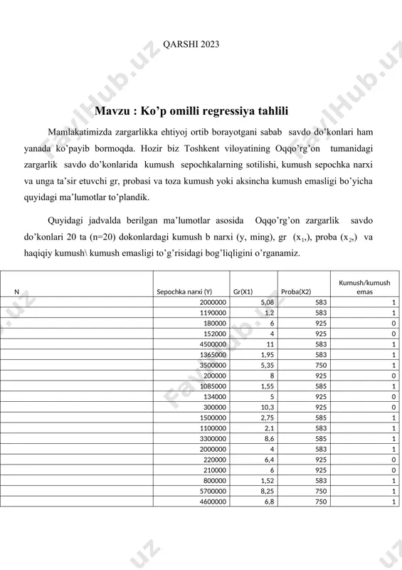 . sepochka narxi (y) gr(x1) proba(x2) kumush\mas(x3) sepochka narxi (y) 1 gr(x1) 0,374852108 1 proba(x2) -0,412770566 0,415421809 1 kumush\mas(x3) 0,659009733 -0,315349244 -0,931297481 1 1.1-rasm. korrelyatsiya jadvali regression tahlilni amalga oshirish uchun данные – анализ данных – регрессия buyruqlarini bajarib quyidagi darchani hosil qilamiz (2-rasm). 2-rasm. ma’lumotlarni kiritish va regressiya oynasi. ushbu darchadagi входной интервал y oynasiga natijaviy belgi y ning qiymatlari yozilgan kataklarning raqamlari, входной интервал x oynasiga omil belgilarning qiymatlari yozilgan kataklarning raqamlari kiritilib, ok tugmasi bosiladi, natijada quyidagi darcha hosil bo’ladi (2.1-rasm) : 2.1-rasm. korrelyatsion regression hisoblarning natijalari. rasmdagi jadvaldan α₀, α₁, α₂ koeffisiyentlarning qiymatlarini olamiz, ular mos ravishda b17, b18, b19 - kataklarda joylashgan. shunday qilib o’rganilayotgan jarayonni ifodalovchi quyidagi regressiya tenglamasi hosil bo’ladi: ý = -12055393.99+295589.57x1 + 11162.21x2+6273045.25x3 ko’p omilli korrelyatsiyaning koeffisiyenti r = 0,9697, determinatsiya koeffisiyenti r² = 0,9404, korrektirovkalangan determinatsiyaning koeffisiyenti ȓ² = 0.9285 ga teng. ular 2.1-rasmda b4, b5, b6 kataklarda joylashgan. ko’p …