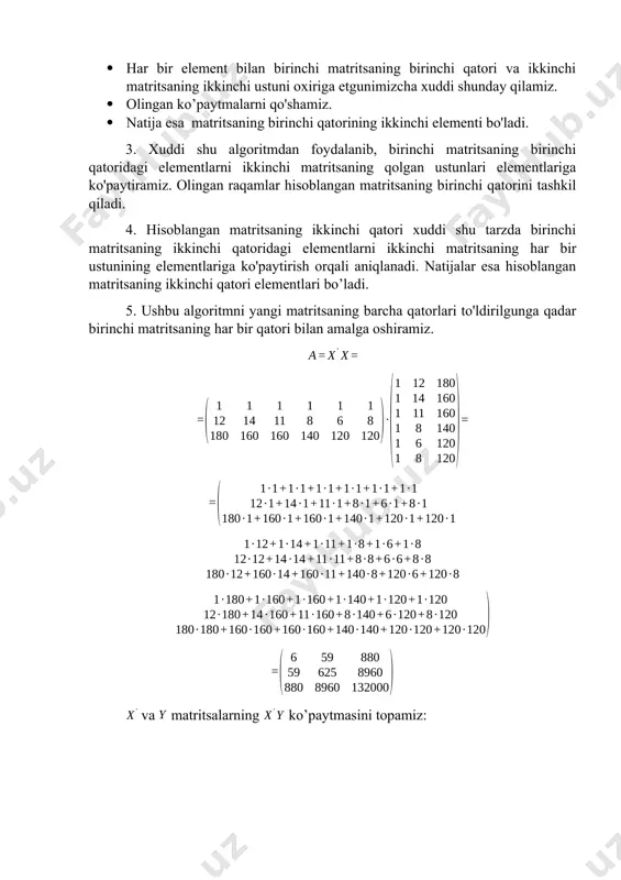 asosiy kapitalga investitsiyalarning yahmdagi ulushi (), qurilishda band bo‘lgan aholi soni () ko‘rsatkichlarining natijaviy belgiga kuchli ta’sir etishi taxmin qilindi va ular omil belgilar sifatida tanlab olindi (2-ilova). korrelyatsion - regression tahlil ishlari gretl 2021a paketidan foydalanib amalga oshirildi. modelda qatnashadigan omil belgilarni saralash uchun natijaviy belgi va omil belgilar o‘rtasidagi korrelyatsiya koeffitsientlari matritsasida tuzildi (2.2.1-javdal). 2.2.1-javdal viloyat qurilish materiallari sanoati ishlab chiqarishiga ta’sir etuvchi asosiy ko‘rsatkichlar buyicha korrelyatsiya matritsasi[footnoteref:1] [1: муаллиф томонидан ишлаб чиқилган.] correlation coefficients, using the observations 2010 - 2021 5% critical value (two-tailed) = 0.5760 for n = 12 y x1 x2 x3 x4 1.0000 0.9819 0.9916 0.9446 0.9918 y 1.0000 0.9854 0.9522 0.9844 x1 1.0000 0.9605 0.9999 x2 1.0000 0.9618 x3 1.0000 x4 x5 x6 x7 x8 x9 0.8068 0.9512 0.9910 0.9454 0.9723 y 0.8397 0.9552 0.9770 0.9866 0.9913 x1 0.7989 0.9666 0.9809 0.9494 0.9862 x2 0.6769 0.9996 0.9437 0.9131 0.9464 x3 0.7969 0.9680 0.9809 …