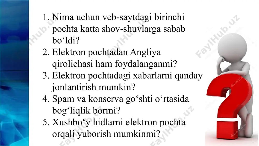 dqiqot ustida ish olib bordi. u xabarlarni bir komputerdan ikkinchisiga jo‘natishni ta’minlay oldi. bu vazifa 1971 yilning oktabrida muvaffaqiyatli bajarildi. 1971yilda ray tomlinson birinchi marta foydalanuvchi nomi va domenini ajratish uchun " @ " belgisini ishlatgan @ name@domen2.domen1 rtm@xtv.uz 2004 yilda morze alifbosiga bu belgi kod sifatida kiritildi: "• — — • — •" birinchi kosmik elektron pochta xabari birinchi kosmik elektron pochta xabari “st-43 atlantis" kemasi ekipaji tomonidan yerga jo‘natildi angliya qirolichasi yelizaveta ii elektron pochtadan foydalangan birinchi rahbarlardan 1976 yilda elektron pochta orqali xabar yubordi. britaniya qirollik radar va aloqa instituti qirolichaning marhamati bilan arpanetga ulangan elektron pochtadagi xabarlarni jonlantirish smaylik (tabassum) g‘oyasi 1969 yilda vladimir nabokovdan paydo bo‘ldi. yozuvchi uni the new york times gazetasiga bergan intervyusida e’lon qildi: “men tez-tez tabassum ko‘rsatadigan maxsus tipografiya belgisi bo‘lishi kerak, deb o‘ylayman-qavslar orqasiga burilgan chiziq kabi…” kevin makkenzi bu fikrni hayotga tatbiq etdi va emotsional elektron xabarlarni “jonlantirish” ni …