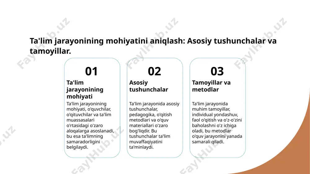 2 ta'lim sifatining oshishi strukturaviy o'zgarishlar natijasida ta'lim sifatining oshishi kuzatilmoqda, bu esa o'quvchilarning bilim darajasini va ijodiy fikrlash qobiliyatini yaxshilaydi. 3 ijtimoiy ta'sirlar o'zgarishlar ta'lim jarayonida ijtimoiy muhitni ham inobatga oladi, bu esa o'quvchilarning jamiyatdagi roli va mehri bilan bog'liq ahamiyatini oshiradi. o'zbek ta'lim tizimidagi zamonaviy tadqiqotlar va ularning ahamiyati. 1 zamonaviy tadqiqotlar o'zbek ta'lim tizimida zamonaviy tadqiqotlar, o'quv jarayonini takomillashtirish va innovatsion yondashuvlarni joriy etishga qaratilgan. 2 tadqiqotlar ahamiyati ushbu tadqiqotlar, ta'lim sifatini oshirish, o'quvchilarning muvaffaqiyatini ta'minlash va pedagogik metodlarni yangilashda muhim rol o'ynaydi. 3 misollar va natijalar o'zbekistonda olib borilgan tadqiqotlar, masalan, o'qitish metodlari va o'quv materiallarining samaradorligini ko'rsatgan, natijalar amaliyotga tatbiq etilmoqda. o'zbek ta'limida innovatsiyalar va tadqiqotlar: muammolar va yechimlar. innovatsion yondashuvlar tadqiqotlar natijalari muammolar va yechimlar o'zbek ta'limida innovatsion yondashuvlar o'quv jarayonlarini modernizatsiya qilish va o'quvchilarning ijodkorlik qobiliyatini rivojlantirishga qaratilgan. o'zbek ta'lim tizimida olib borilgan tadqiqotlar o'quvchilarning muvaffaqiyatini oshirish uchun yangi o'quv metodlari va materiallarini …