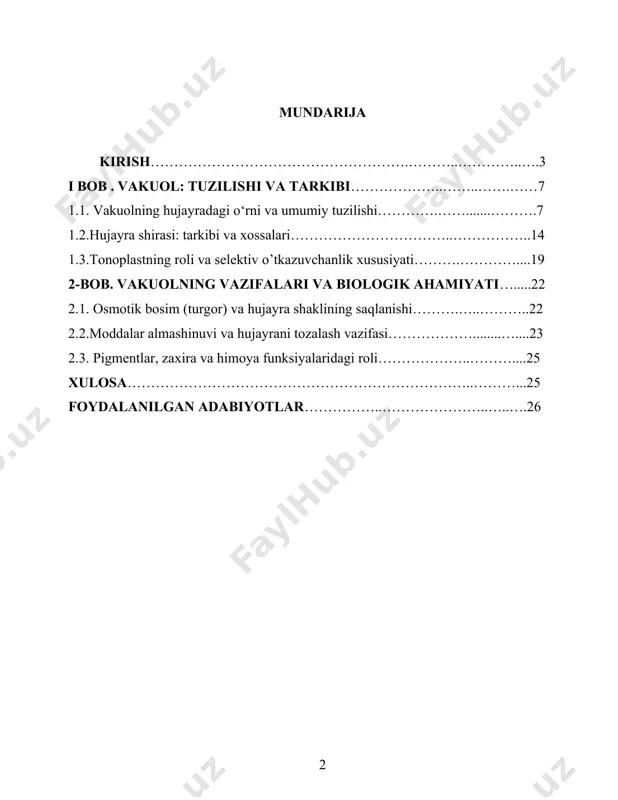kni ta’minlashdagi funksiyalari iqlim o‘zgarishlari, tuproqning sho‘rlanishi, ekologik muammolar fonida yanada ahamiyat kasb etmoqda. bugungi kunda global miqyosda o‘simliklarning hosildorligini oshirish, ularni turli biologik va kimyoviy omillardan himoya qilish dolzarb masalaga aylangan. shu ma’noda vakuollarni chuqur o‘rganish, genetik modifikatsiyalash orqali ularning funksiyalarini optimallashtirish, qishloq xo‘jaligi mahsulotlari sifatini oshirishda muhim ilmiy asos bo‘lib xizmat qiladi. shuningdek, vakuollar hayvon hujayralarida ham muhim funksiyalarni bajarishi, jumladan hazm qilish, zaxiralash, detoksikatsiya jarayonlarida ishtirok etishi, uni faqat o‘simlik fiziologiyasi emas, balki umumiy hujayra biologiyasi kontekstida ham o‘rganishni talab etadi. bularning barchasi ushbu mavzuni nafaqat nazariy, balki amaliy nuqtai nazardan ham nihoyatda dolzarb qiladi. kurs ishining maqsadi va vazifalari. ushbu kurs ishining asosiy maqsadi — o‘simlik hujayrasidagi vakuolning tuzilishi, kimyoviy tarkibi, funksional xususiyatlari hamda biologik ahamiyatini chuqur tahlil qilish orqali, uning hujayra hayotidagi o‘rnini ilmiy jihatdan asoslab berishdan iborat. shuningdek, vakuolning turli fiziologik jarayonlardagi, xususan osmotik bosimni tartibga solish, modda almashinuvini nazorat qilish, pigmentlar va zaharli …