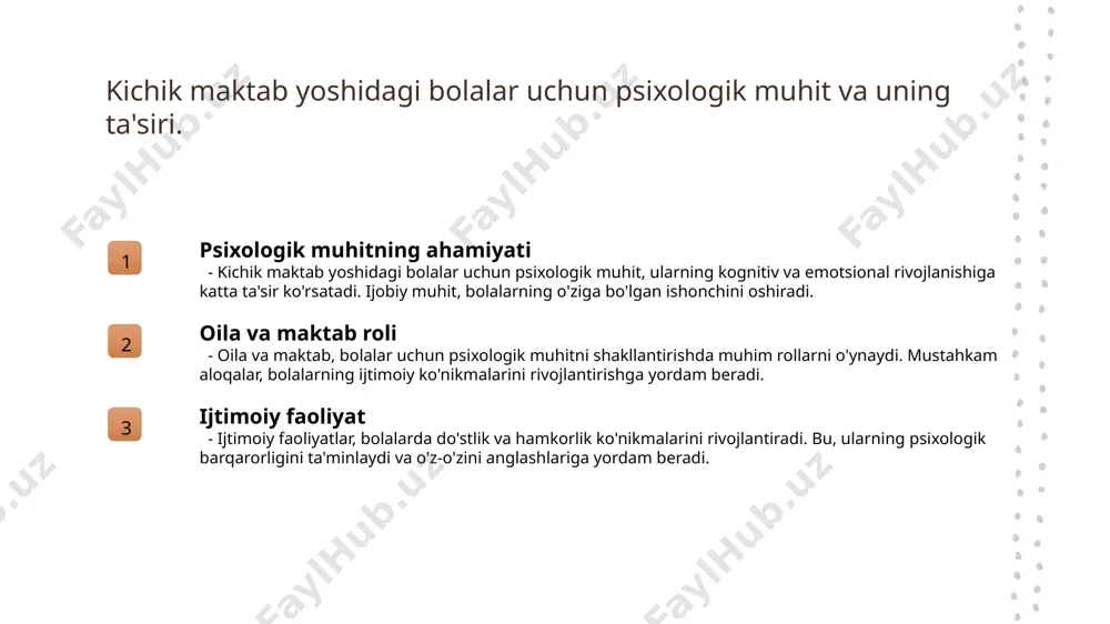 hik maktab yoshidagi emotsional rivojlanishning asosiy tamoyillari. emotsional rivojlanishning ahamiyati kichik maktab yoshida emotsional rivojlanish bolaning o'zini anglashiga va ijtimoiy munosabatlarni rivojlantirishga yordam beradi, bu esa ta'lim jarayonini yengillashtiradi. o'z-o'zini anglash bolalar o'z his-tuyg'ularini anglash jarayoni orqali, o'zini baholash va ijtimoiy muhitda o'z o'rnini topishga yordam beradi, bu esa ularning rivojlanishiga ijobiy ta'sir ko'rsatadi. emotsional intellekt kichik maktab yoshidagi bolalar emotsional intellektni rivojlantirib, o'zaro munosabatlarda muvaffaqiyatli bo'lishni o'rganadilar, bu esa ularga kelajakda ijtimoiy ko'nikmalarni mustahkamlash imkonini beradi. ijtimoiy ko'nikmalar: bolalarning o'zaro munosabatlaridagi o'rni. 01 ijtimoiy ko'nikmalarning ahamiyati ijtimoiy ko'nikmalar bolalar o'rtasidagi munosabatlarni yaxshilaydi, do'stlikni rivojlantiradi va jamoada ishlashga tayyorlaydi. 02 o'zaro munosabatlar bolalar o'zaro munosabatlarda tinglash, tushunish va empatiya ko'nikmalarini o'zlashtiradi, bu esa ijtimoiy muhitda muvaffaqiyatga erishishga yordam beradi. 03 madaniyat va ijtimoiy ko'nikmalar o'zbek madaniyatida ijtimoiy ko'nikmalar bolalar o'rtasida an'analar va qadriyatlarni hurmat qilishni o'rganishga yordam beradi, bu esa o'zaro munosabatlarni mustahkamlaydi. emotsional intellekt: kichik maktab yoshida rivojlanish strategiyalari. …