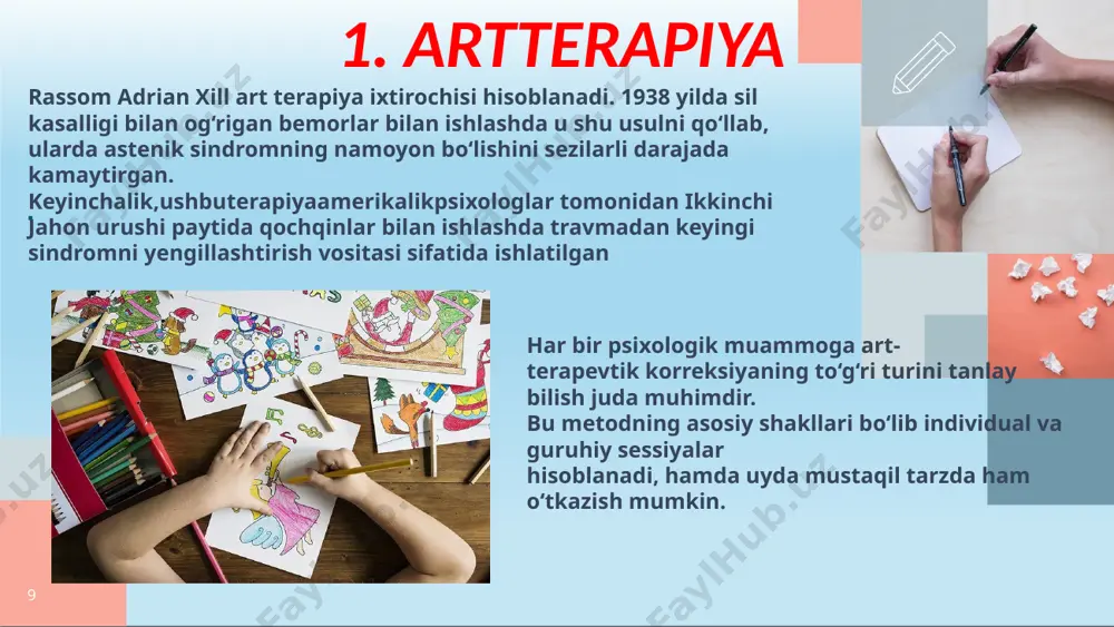 ioterapiya uslubi o‘zida kitobshunoslik, psixologiya, psixoterapiya, psixokorreksiyaning murakkab qo‘shilmasini mujassam etadi. biblioterapiya- mijozga maxsus yo‘nalish berish, yo‘naltiruvchi taʼsir etib, maxsus tanlangan adabiyotni o‘qitib, ruhiy holatini normallashti-rish yoki optimizatsiyalashga qaratiladi. mijozga biblioterapiya maqsadida kitob tavsiya qilinganida a.m.millerning ko‘rsatishi bo‘yicha uchta quyidagi prinsipni hisobga olish kerak: * bayon etilayotgan asarning tushunarliligi (taklif qilingan kitob murakkabligi darajasi); * kitob qahramoni mijozga mos(tushunarli) bo‘lishi; * kitobning mazmun holati mijozning hozirgi holatiga maksimal o‘xshashligi. 5. biblioterapiya. 5. raqs terapiyasi. qadim zamonlardan beri raqs marosimlar, qadimiy shifo amaliyotlari va jamiyat hayotining ajralmas atributi bo'lib kelgan. ibtidoiy jamiyatda u bir qator muhim ijtimoiy-psixologik funksiyalarni bajargan: sakral (marosim) - raqs insoniyatning asosiy ramziy tili va muqaddas bilan aloqa o'rnatishning tabiiy usuli sifatida. kommunikativ - raqs bilimlarni uzatish va jinslar va boshlang'ich guruhlar o'rtasidagi aloqani kodlash usuli sifatida. identifikatsiya - raqs o'z qabilasiga mansublik belgisi va usiz omon qolish mumkin emas. ekspressiv - o'yin sifatida raqs va birinchi erkin …
