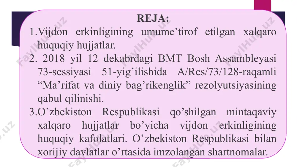 va uni bekor qilish vaqtida bir xil huquqdan foydalanadi. inson huquqlari umumjahon deklaratsiyasi 18-modda har bir inson fikr, vijdon va din erkinligi huquqiga ega; bu huquq o‘z dini yoki e’tiqodini o‘zgartirish erkinligini va ta’limotda, toat-ibodat qilishda va diniy rasm-rusm hamda marosimlarni ommaviy yoki xususiy tartibda ado etish, o‘z dini yoki e’tiqodiga yakka o‘zi, shuningdek, boshqalar bilan birga amal qilish erkinligini o‘z ichiga oladi. inson huquqlari umumjahon deklaratsiyasi 19-modda har bir inson e’tiqod erkinligi va uni erkin ifoda qilish huquqiga ega; bu huquq hech bir tusqsiz o‘z e’tiqodiga amal qilish erkinligini hamda axborot va g‘oyalarni har qanday vosita bilan, davlat chegaralaridan qat’i nazar, izlash, olish va tarqatish erkinligini o‘z ichiga oladi. fuqarolik va siyosiy huquqlar to‘g‘risida xalqaro pakt (fshxp) 1966-yilning 16- dekabrida bmtning bosh assambleyasi rezolyutsiyasi bilan qabul qilingan hamda imzolash, ratifikatsiya qilish va qo‘shilish uchun ochilgan, 1976-yilning 23-martidan kuchga kirgan. fuqarolik va siyosiy huquqlar to‘g‘risida xalqaro pakt 18-modda 1. har …