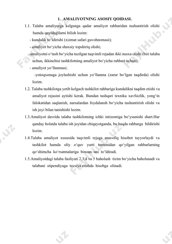 yoti bo‘yicha bahosi______________ rahbar imzosi___________________________________ korxona muhri. «____» _____________________20__ yil. 4. inistitutdan tayinlangan rahbarning xulosasi. ____________________________________________________________________________________________________________________________________________________________________________________________________________________________________________________________________________________________________________________________________________________________________________________________________________________________________________________________________________________________________________________________________________________________________________________________________________________________________________________________________________________________________________________________________________________________________________________________________________________________________________________________________________________ 5. talabaning malakaviy amaliyotni o‘tash davrida orttirgan ko‘nikmalari. __________________________________________________________________________________________________________________________________________________________________________________________________________________________________________________________________________________________________________________________________________________________________________________________________________________________________________________________________________________________________________________________________________________________________________________________________________________ malakaviy amaliyoti bo‘yicha talabaning bahosi____________________ «____» _____________________2021 yil. malakaviy amaliyotini baholagan professor-o‘qituvchilar: 1. ___________________________imzo____________ 2. ___________________________imzo____________ 3. ___________ _______________imzo__