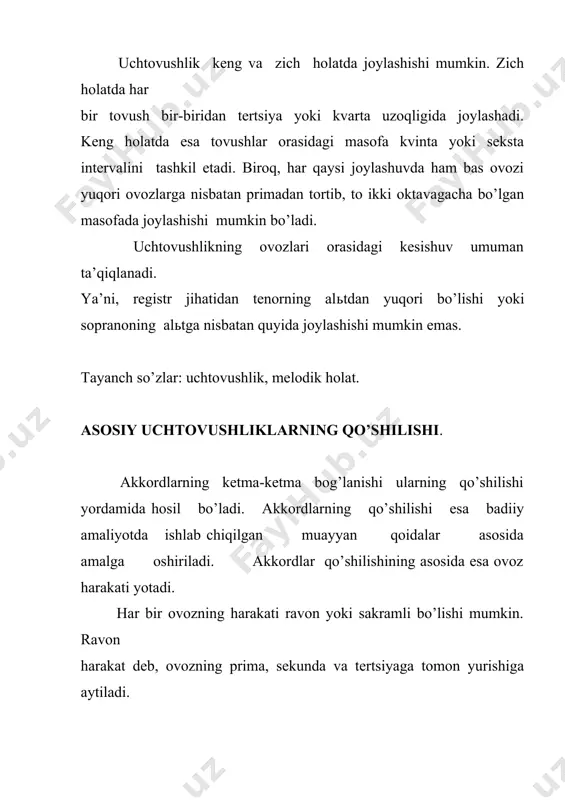 tma-navbat chaling: eslatma: garmoniya kursida xordagi odam ovozlarining bo'linishiga xos bo'lgan akkordlarning to'rtovozlik bayoni asos qilib olingan: soprano - soprano (s) alt - alio (a) tenor - tenor (t) bas - basso (b) soprano va alt partiyasi skripka kalitidagi nota yo'liga, lenor va bas partiyasi esa has kalitli nota yo'liga yoziladi. 2-m ashq. quyidagi tovushlardan to'rtovozlik bayondagi uchtovushliklami tuzing va chaling: 1) sol tovushidan - zich joylashuvda, tersiyaning melodik holatidagi minor uchtovushligi; 2) r tovushidan - keng joylashuvda, kvintaning melodik holatidagi major uchtovushligi; 3) si tovushidan - keng joylashuvda, primaning melodik holatidagi minor uchtovushligi; 4) re-bemol tovushidan - zich joylashuvda, kvintaning melodik holatidagi major uchtovushligi; 5) do-diez tovushidan - zich joylashuvda, primaning melodik holatidagi minor uchtovushligi; 6) sol-diez tovushidan keng joylashuvda, tersiyaning melodik holatidagi major uchtovushligi. 3-m ashq. quyidagi akkordlam i tuzing: 1) g-dur: t l keng joylashuvda; 2) fis-moll: s1 zich joylashuvda; 3) d-dur: d5 zich joylashuvda; 4) es-dur: …