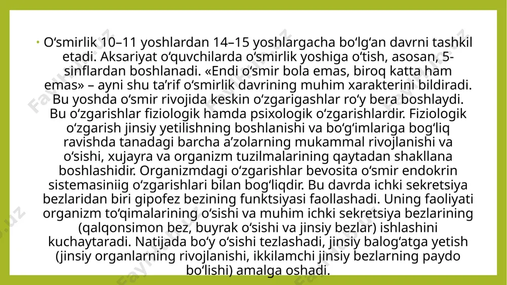 alarini aniqlash va egallashdir. o‘smirlar muloqotining asosiy xususiyati shundan iboratki, u to‘la o‘rtoqlik kodeksiga bo‘ysunadi. o‘smirlarshshg ota-onasi, kattalar bilan qiladigan muloqoti ularning katta bo‘lganlik hissi asosida to‘zilgan bo‘ladi. ular kattalar tomonidan qilinadigan haq-huquk,larini cheklashl.ariga, qarshilik va e’tirozlariga qattiq qayg‘uradilar. lekin shunga qaramasdan, u, muloqotda kattalarning qo‘llab-quvvatlashlariga zhtayoj sezadilar. birgaliqdagi faoliyat o‘smirga kattala.rni yaxshiroq tujunishlari uchun yordam beradi, o‘smir o‘zida bo‘layotgan o‘zgarishlar, uni tashvishga solayottan muammolar haqida kattalar bilan bo‘lishishga katta ehtiyoj sez.adi, lekin buni hech qachon birinchi bo‘lib o‘zi boshlamaydi. o‘smir o‘ziga nisbatan yosh bolalardek qilinadigan muomala-munosabatiga qattiq norozilik bildiradi. o‘smirlar muloqoti nihoyatda o‘zgaruvchanligi bilan xarakterlanadi. o‘smirlik davriga kimningdir xatti-harakatini imitatsiya qilish xosdir. ko‘pincha o‘lar o‘zlariga tanish va yoqadigan kattalarning xatti-harakatlariga imitatsiya, taqlidchanlik qiladilar. qayd etib o‘tilgan yo‘nalganlik, albatta, kattalarning hammuloqot va munosabatida mavjud, lekin ular kattalarnikidan o‘z emotsionalligi bilan farqlanadi. tengdoshlari, shuningdek, sinfdoshlari guruxida o‘smir o‘zining kelishuvchanlik xususiyati bilan namoyon bo‘ladi. o‘smir o‘z guruhiga bog‘liq va qaram bo‘lgani holda …