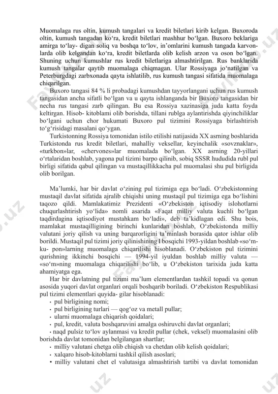 ining asosiy elementi sifatida saqlanib qoldi. xii—xiii asrlarda qoraxoniylar, xorazmshohlar, keyinchalik temuriylar davrida muomalada, asosan, oltin, kumush, mis tangalar koʻplab zarb qilingan. shayboniyxon davrida (1507-yilda) pul islohoti oʻtkazilib, cheklangan miqdorda muomalaga oltin, kumush, mis, mis va kumush qorishmasidan tanga pullar chiqarilgan. oltin tangalar «tillo», kumush tanga «tanga», mis tanga «dinor» deb nomlangan va eng mayda tanga dinorning 1/6 qismiga teng boʻlib, «pul» deb nomlangan. temuriylar davrida «amiri» dirhamlari muomalaga chiqarilgan. ularning vazni 5,7—6 g atrofida boʻlgan va keyinchalik dirhamlarda kumush miqdorining kamaytirilgani uchun tangalar vazni ham kamayib borgan. oʻzbekiston pul tizimining yana bir muhim sanasi bu 1708—1709- yillarda buxoroda oʻtkazilgan pul islohotidir. u shoh ubaydul- laxon tomonidan oʻtkazilgan boʻlib, muomalaga past sifatli tan- galar chiqarilgan. tangalardagi kumush miqdori oldingiga nisbatan kam boʻlgan va ular urush bilan bogʻliq harbiy xarajatlami qoplash uchun zarb qilingan. oldingi 1 kumush tanganing ogʻirligi 1 misqolga teng boʻlgan. pul islohotiga asosan, 1 kumush tanga 4 ga …