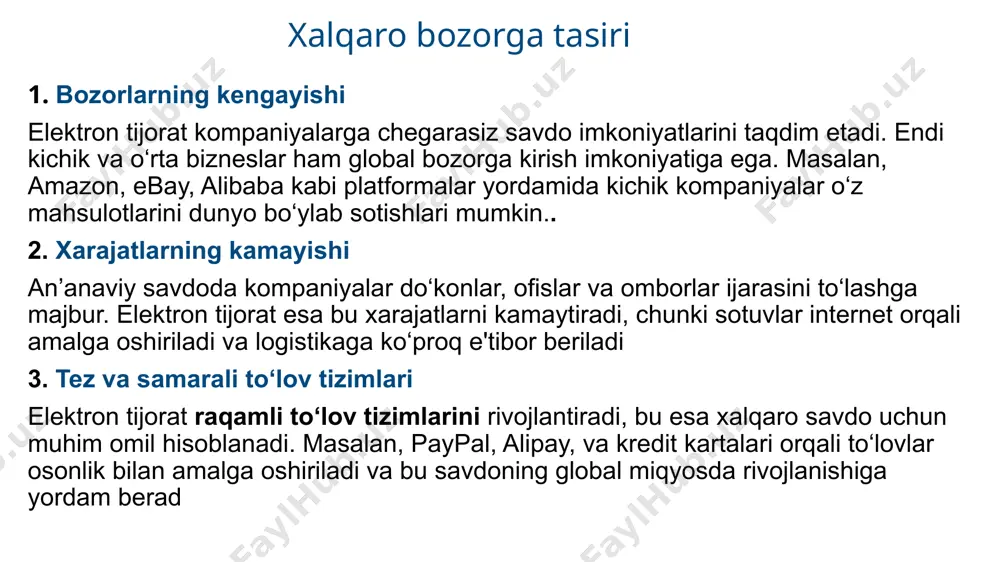 tirish: mijozlarning onlayn savdo platformalariga bo‘lgan ishonchini yaratish qiyin bo‘lishi mumkin. elektron tijorat globallashuv va tovar savdosining rivojlanishi bozorlarga kengroq kirish: elektron tijorat kompaniyalarga geografik cheklovlardan tashqari butun dunyo bo'ylab xaridorlarga mahsulot va xizmatlarini taklif qilish imkonini beradi. xarajatlarni kamaytirish: onlayn savdo ofislar, chakana savdo maydonlari va vositachilar bilan bog'liq xarajatlarni kamaytirishi mumkin. effektivlikni oshirish: elektron tijorat buyurtmalarni qabul qilish, to'lovlarni amalga oshirish va logistika jarayonlarini avtomatlashtirish orqali savdo jarayonlarini tezlashtiradi. ma'lumotlarni yig'ish va tahlil qilish: onlayn platformalar xaridorlar xatti-harakatlari haqida qimmatli ma'lumotlarni yig'ish va tahlil qilish imkonini beradi, bu esa marketing strategiyalarini yaxshilashga yordam beradi. kichik va o'rta biznesni qo'llab-quvvatlash: elektron tijorat kichik va o'rta biznesga yirik kompaniyalar bilan raqobatlashish va xalqaro bozorlarga chiqish imkoniyatini beradi. natijada, elektron tijorat global savdoning hajmini oshiradi, xalqaro iqtisodiy aloqalarni mustahkamlaydi va turli mamlakatlar o'rtasida tovar ayirboshlashni osonlashtiradi. xulosa xulosa qilib aytganda, elektron tijorat bozorlarning globallashuvi va tovar savdosining rivojlanishida muhim rol o‘ynaydi. …