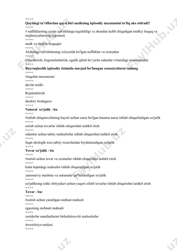 aydo bo'lishi ==== aholi daromadlarining differentsiatsiyasining yuqori darajasi ++++ qisqa muddatda xususiylashtirishning maqsadi: ==== #kichik va o'rta mulkdorlar qatlamini shakllantirish ==== davlat mulki ulushini kamaytirish, ==== hokimiyatning iqtisodiy asoslarini qayta taqsimlash ==== boyish ++++ ishlab chiqarishning asosiy omillariga nima tegishli? ==== #kapital, ishchi kuchi, yer, mehnat vositalari ==== mehnat, aktsiyalar, don ==== obligatsiyalar, aktsiyalar, depozit sertifikatlari ==== oltin, neft, don ++++ o‘zbekistonda iqtisodiy islohotlarning o‘zagi nimadan iborat? ==== # “o`zbek modeli” asosida bozor munosabatlariga o'tishning beshta tamoyili ==== bozor qonunchiligini qabul qilish ==== ko’p tarmoqli iqtisodiyotni yaratish ==== iqtisodiy o'zgarishlarning bosqichma-bosqichligi ++++ talab - bu ==== #pul bilan ta'minlangan ehtiyoj ==== zaruriyat ==== tovar narxining puldagi qiymati ==== sotib olingan tovar ++++ talabga ta'sir qiluvchi omillar ==== #tovarning soni va narxi, iste'molchilar soni va daromadi ==== tovarlar va xizmatlarning birja narxlari va aksiyalar bahosi ==== sotuvchilar va xaridorlar soni ==== resurs narxi va ishlab chiqarish texnologiyasi ++++ talab qonuni shunday: …