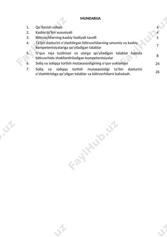 ash kurslarida va maxsus kurslarida malakani oshirish; kasbiy faoliyatning tegishli sohasida yanada yuqoriroq malakaga erishish maqsadida oliy ta’lim muassasasida o‘qishni davom ettirishi mumkin. 2.4. o‘qishga qabul shartlari. o‘qishga qabul shartlari amaldagi qonunchilik asosida amalga oshiriladi. 3.bitiruvchilarning kasbiy faoliyati tavsifi 3.1. bitiruvchining kasbiy faoliyat sohasi: o‘zbekiston respublikasi davlat budjetini shakllantirish, soliq ob’yektlarini ro‘yxatga olishi, ma’lumotlarni solishtira bilishi, amaldagi qonunchilikka muvofiq soliqlar va yig‘imlarni hisoblay olishi, o‘zbekiston respublikasi davlat soliq xizmati organlarining huquq va majburiyatlari hamda vazifalari; 3.1.bitiruvchining kasbiy faoliyat ob’ektlari: 3.1.1. soliq inspektori kvalifikatsiyasi bo‘yicha: davlat soliq xizmati organlari: · davlat soliq boshqarmalari; · davlat soliq inspeksiyalari. davlat soliq xizmati organlari kompyuter tarmoqlari. 3.2.50410201-soliq va soliqqa tortish mutaxassisligi bo‘yicha ta’lim oluvchi qo‘yidagi faoliyat turlariga tayyorlanadi: 3.2.1.soliq inspektori kvalifikatsiyasi bo‘yicha: davlat byudjeti va davlat byujetining daromadlari va xarajatlari hisobini yuritish; mahalliy byudjet, bozor iqtisodiyotining mohiyati va belgilari; davlat soliq xizmati organlarida soliqqa tortish faoliyatini yuritish; moliya-xo‘jalik faoliyati va uni natijalarini aniqlash tartibi; …