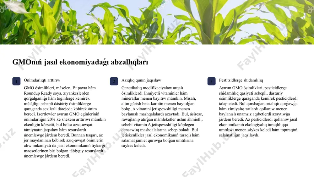 nıp atırǵan mámleketler ushın áhmietli, sebebi vitamin a jetispewshiligi kóplegen densawlıq mashqalalarına sebep boladı. bul jetiskenlikler jasıl ekonomikanıń turaqlı hám salamat jámiet qurıwǵa bolǵan umtılısına sáykes keledi. 3 pestitsidlerge shıdamlılıq ayırım gmo ósimlikleri, pesticidlerge shidamlılıq qásiyeti sebepli, dástúriy ósimliklerge qaraganda kemirek pesticidlerdi talap etedi. bul qorshaǵan ortalıqtı qorǵawǵa hám ximiyalıq zatlardı qollanıw menen baylanıslı unamsız aqıbetlerdi azaytıwǵa járdem beredi. az pesticidlerdi qollanıw jasıl ekonomikanıń ekologiyalıq turaqlılıqqa umtılıwı menen sáykes keledi hám topıraqtıń salamatlıǵın jaqsılaydı. 4 gmo jasıl ekonomikada qollanılıwına qarsı tiykarǵı mashqalalar xár túrlilikti kemeytiw gmo eginleriniń keń kólemde jetistiriliwi genetikalıq jaqtan birdey ósimliklerdiń ústinligine alıp keledi. bul ósimlik keselliklerine shıdamlılıǵın tómenletiwi hám pútkil ónimdi joǵaltıw qáwipin arttırıwı múmkin. máselen, tek bir túrdegi gmo gúrish jetistiriliwi, bul túrge tán bolǵan kesellik payda bolǵanda, pútkil ónimniń joǵalıwına alıp keliwi múmkin. bul bolsa azıq-awqat qáwipsizligine qáwip tuwdıradı hám jasıl ekonomikanıń turaqlılıq maqsetlerine qarsı keledi. allergiya qáwipi ayırım gmo ósimliklerinde allergiya keltirip shiģarıwshı …